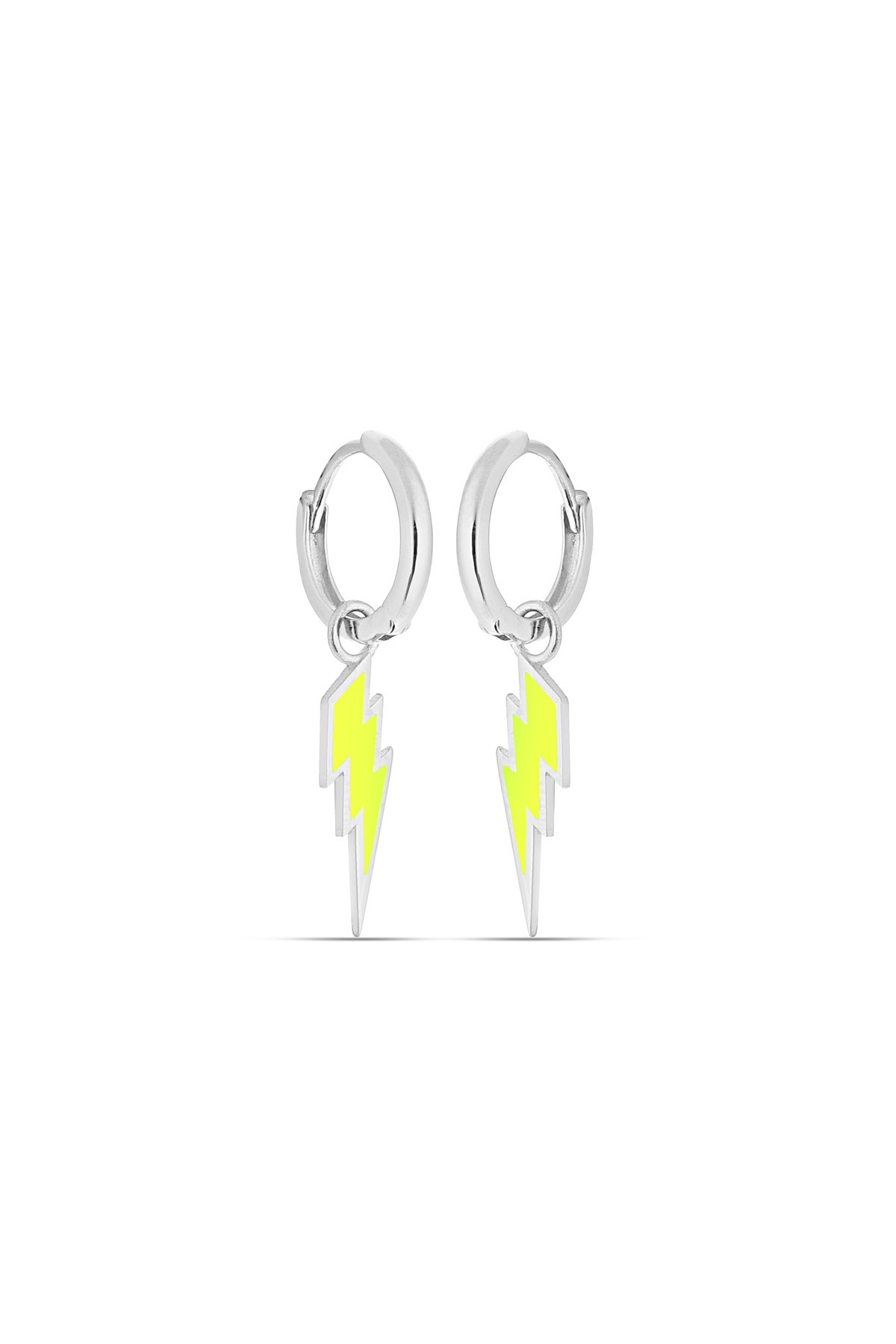 Sarı Neon Şimşek Gümüş Küpe - Rodyum