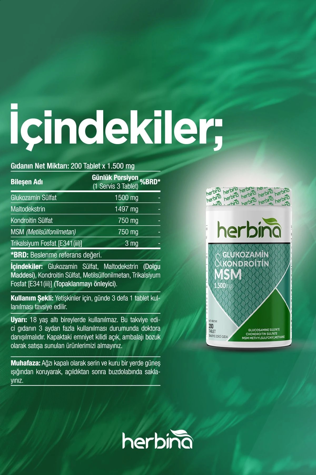 Glukozamin Sülfat, Kondroitin sülfat, Glukozamin Kondroitin, MSM 1500 mg 200 Tablet