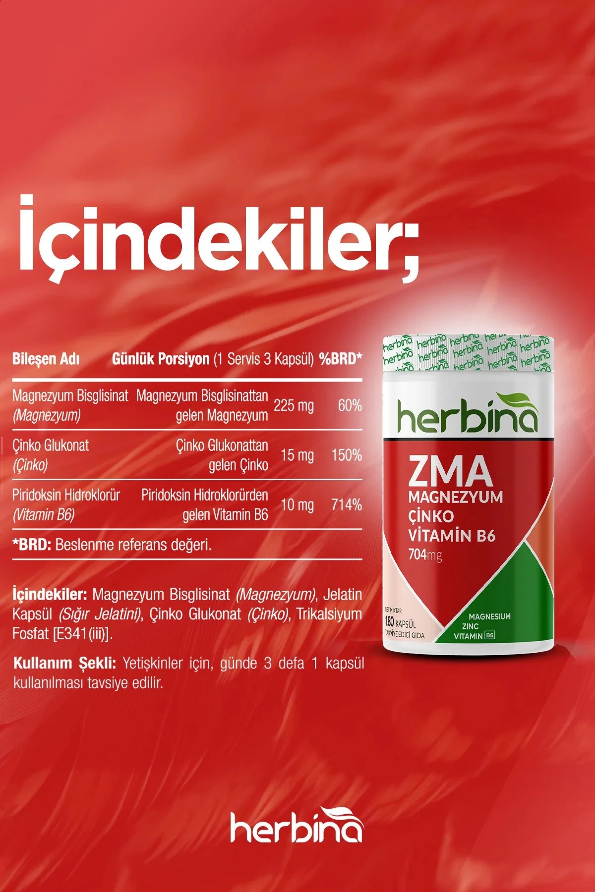 ZMA Magnezyum, Çinko, B6 Vitamini - 180 Kapsül