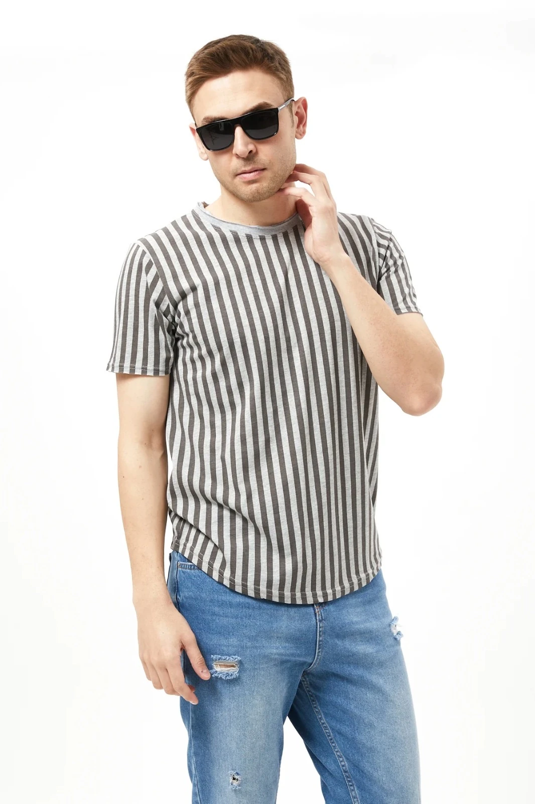 Gri Çizgili Unisex Fit Tshirt 