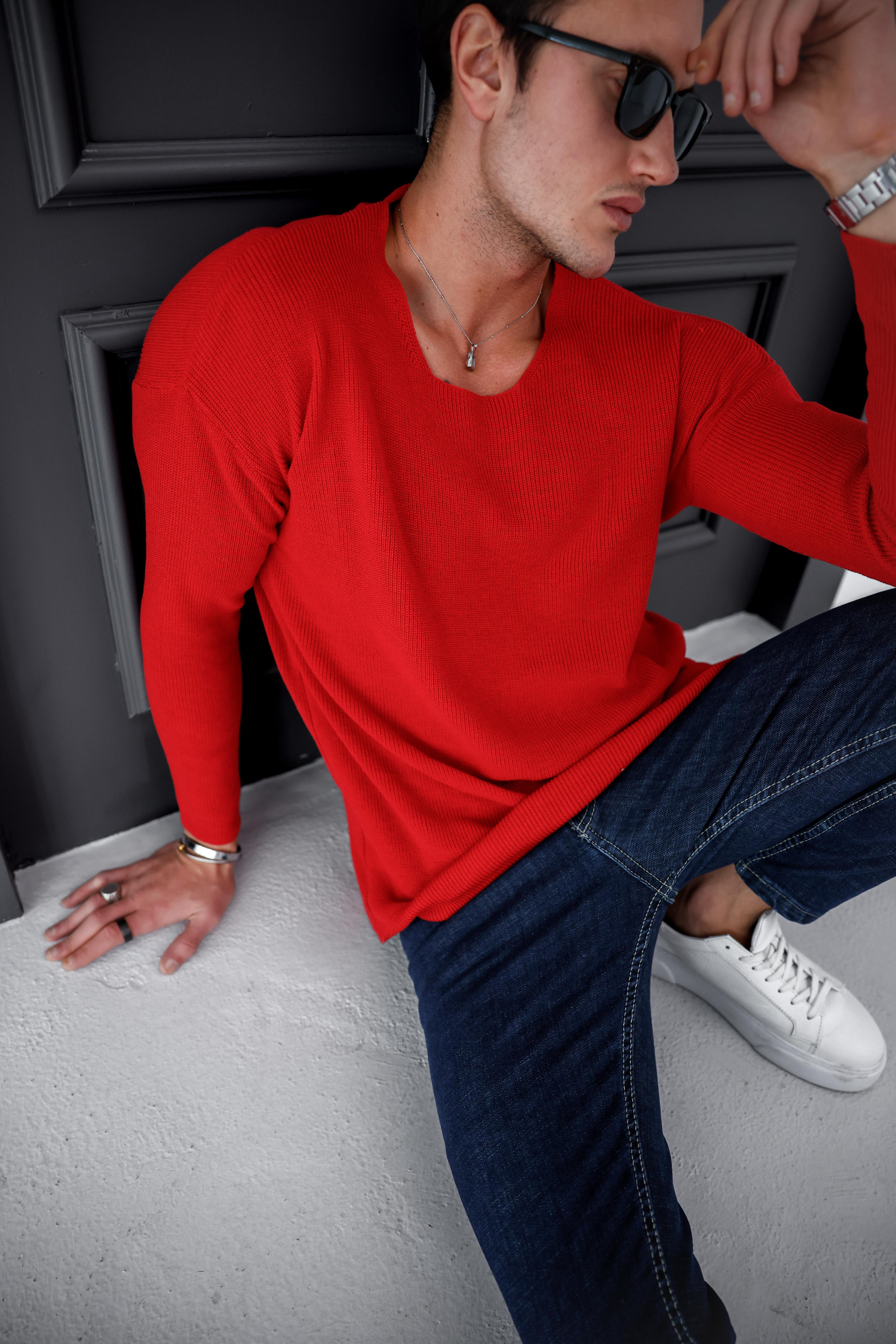 Sık Dokuma Düşük Omuz Oversize Örme Triko  - Kırmızı