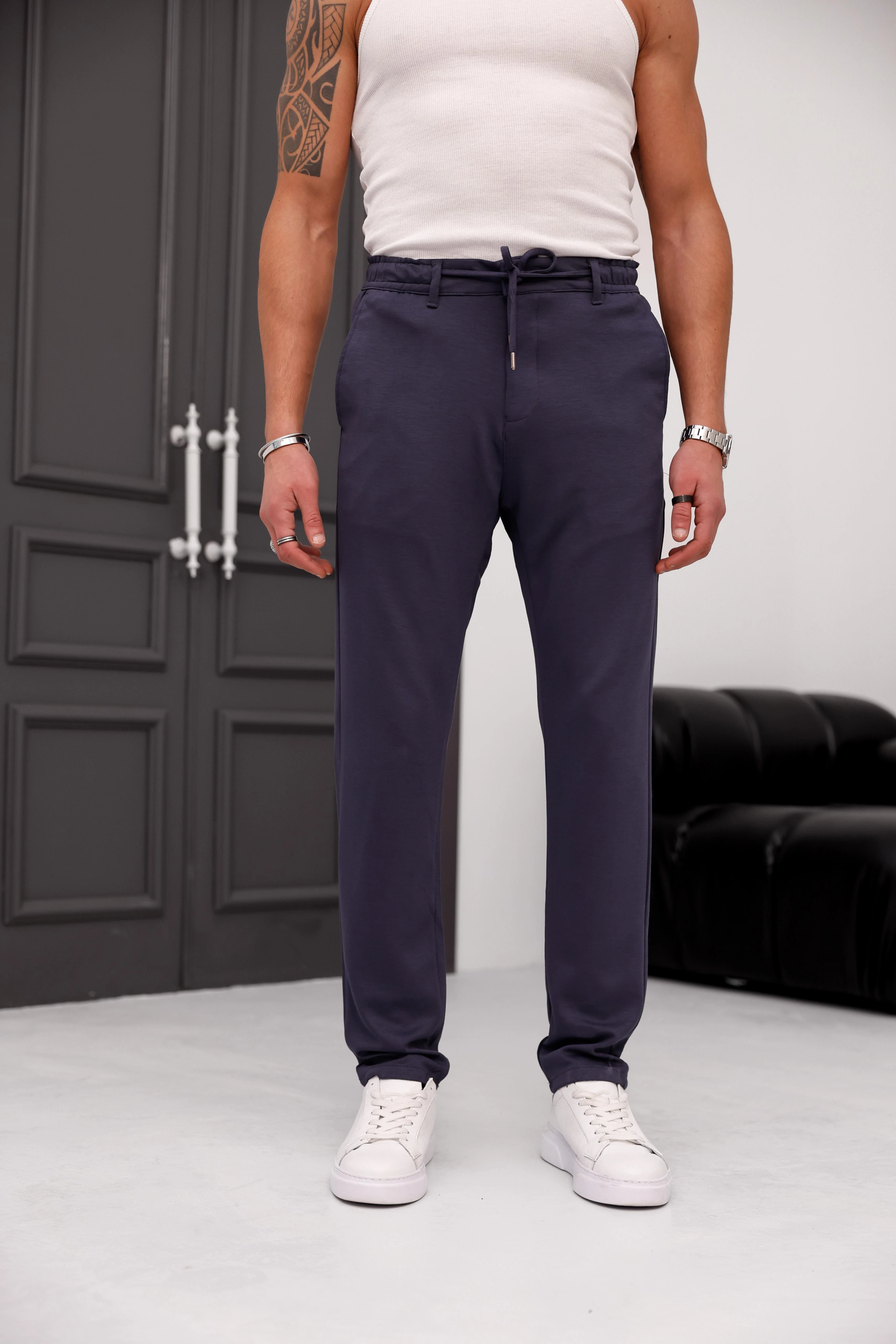 %100 Modal Kumaş Regular Kalıp Bel Lastikli  İp Detaylı Basic Jogger Pantolon - Füme