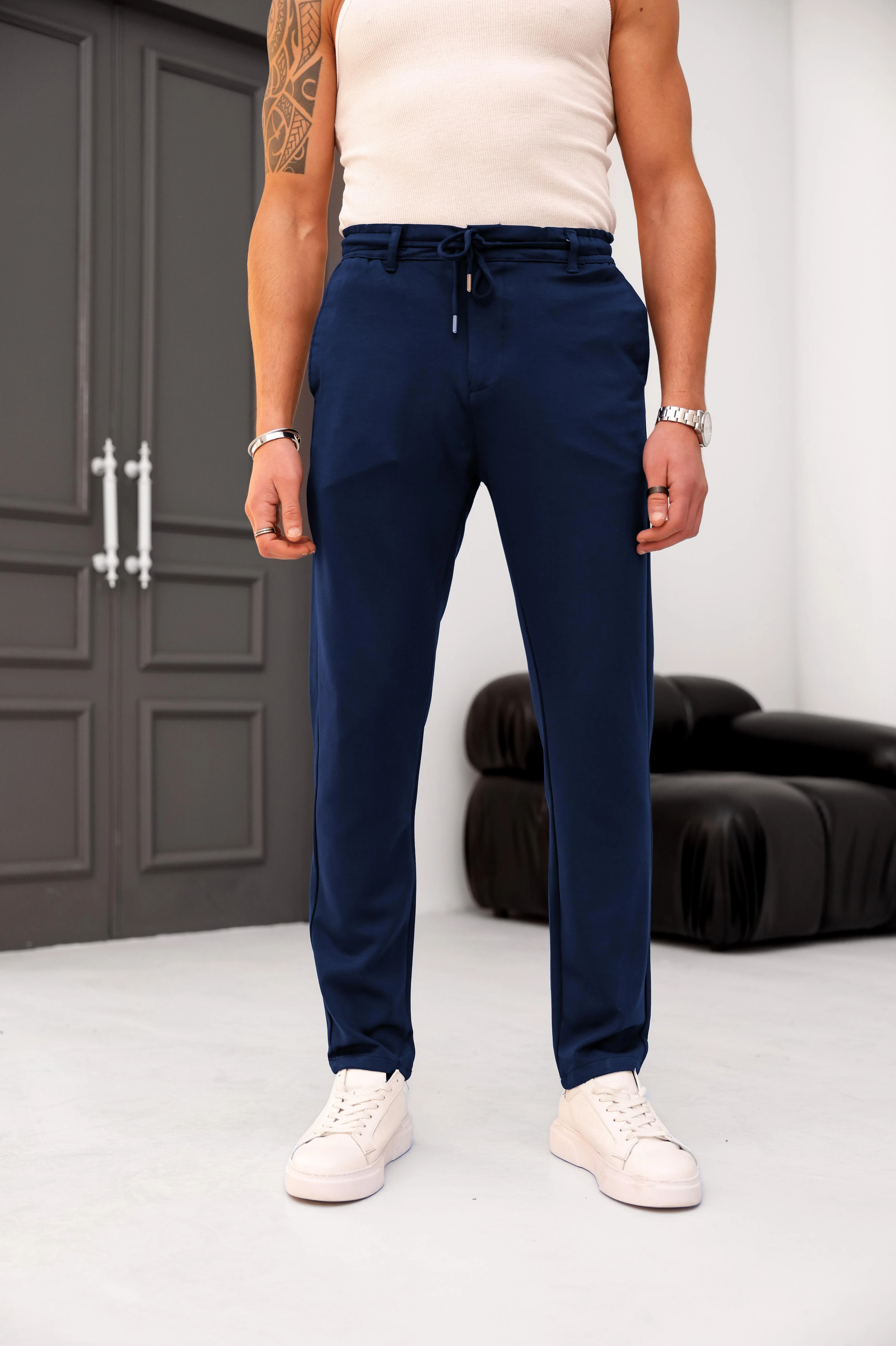 %100 Modal Kumaş Regular Kalıp Bel Lastikli  İp Detaylı Basic Jogger Pantolon - Lacivert