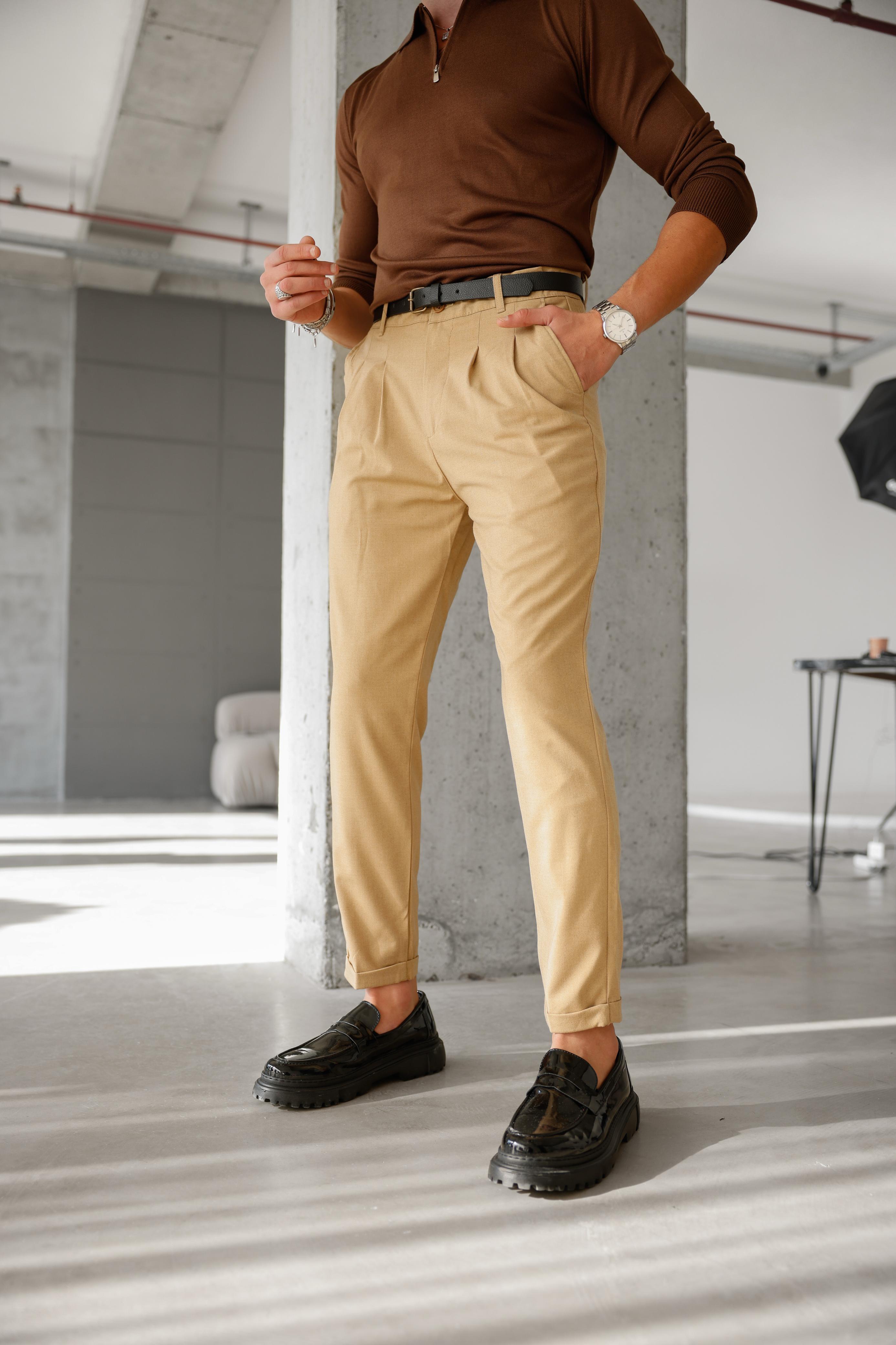 İtalyan Kesim Çİft Pileli Double Paça Pantolon  - camel