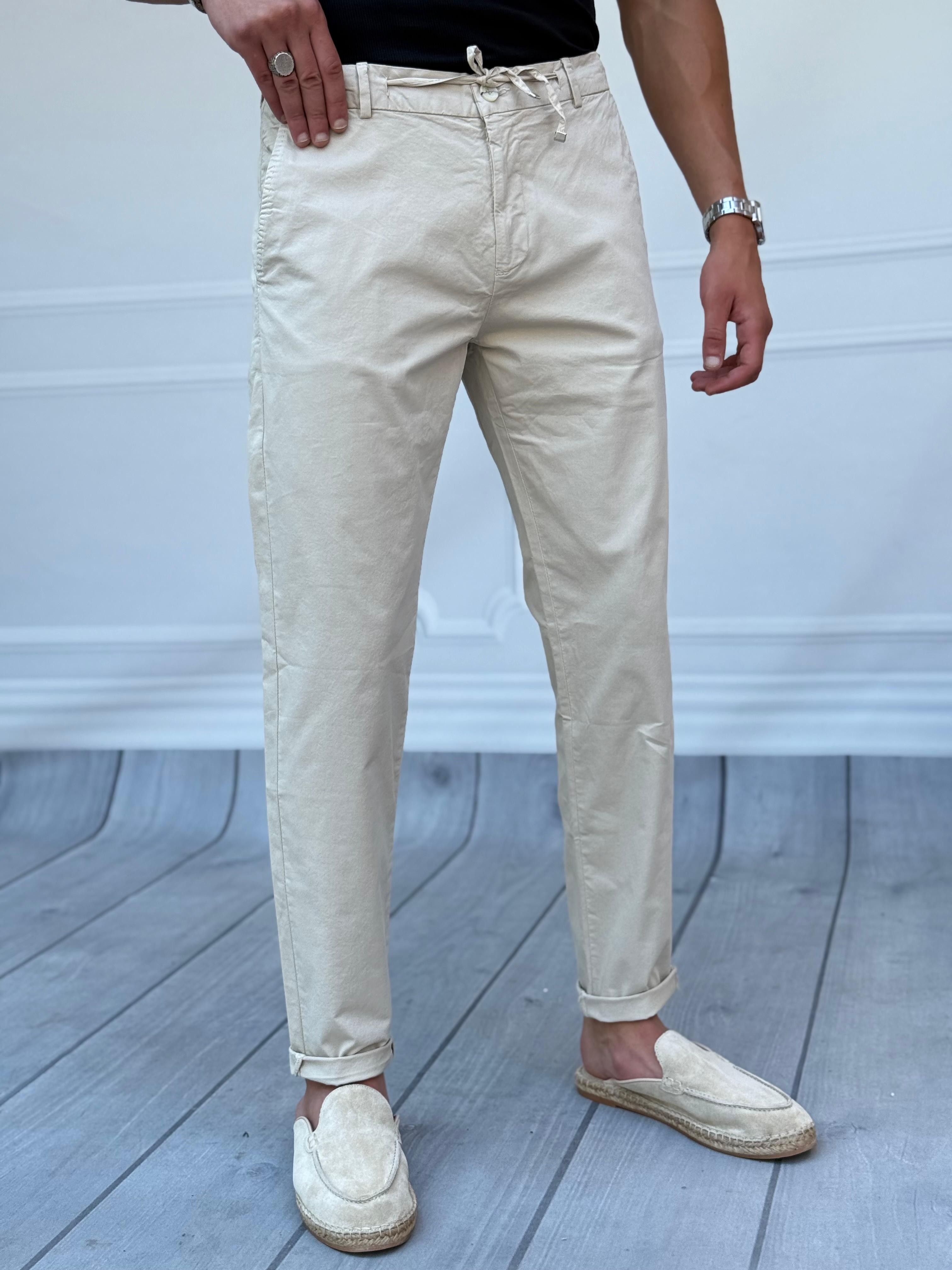 %100 Pamuk Gabardin İp Detaylı Regular Kalıp Keten Pantolon  - Krem