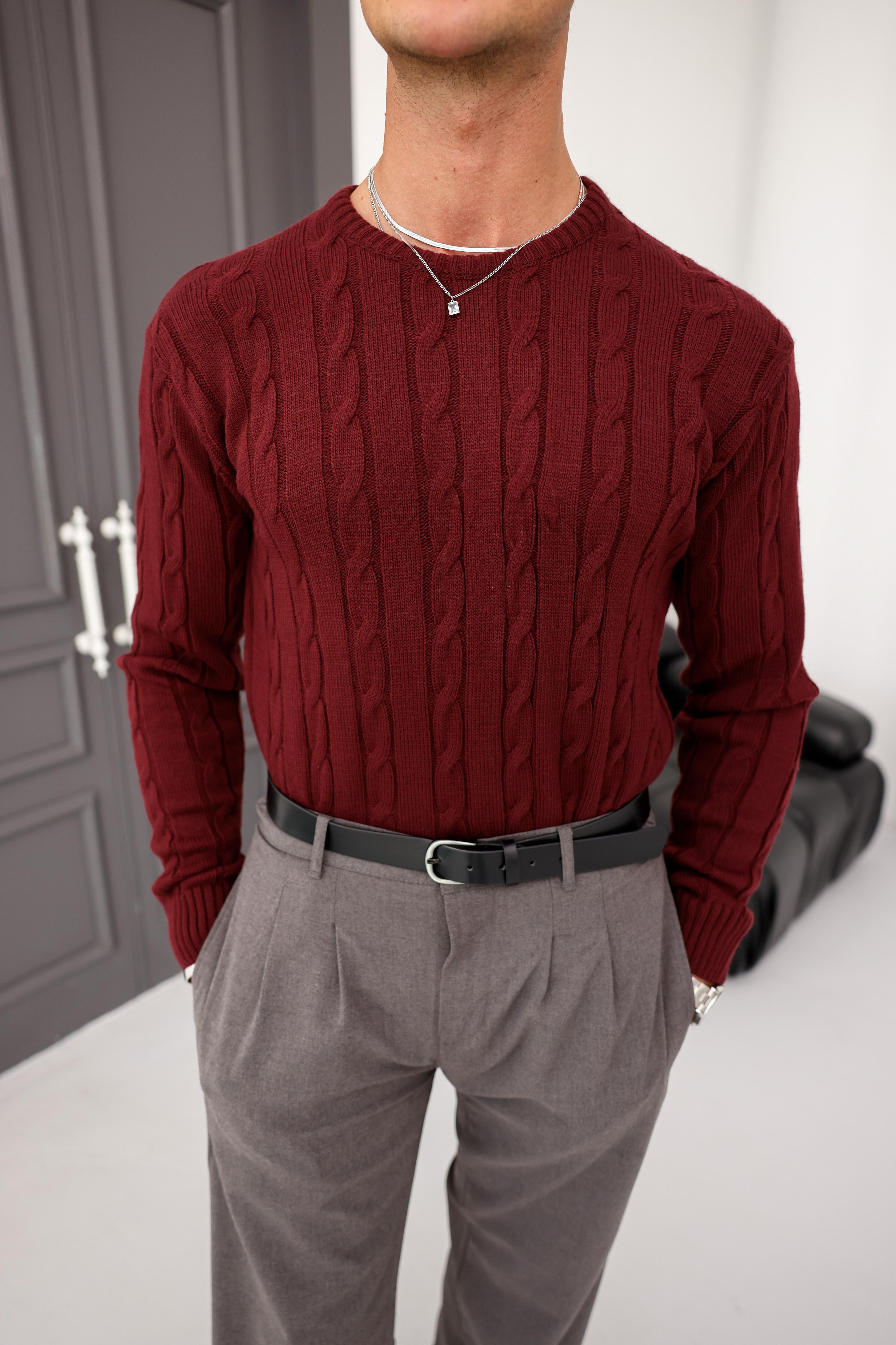 Saç Örgü Desenli Kışlık Regular Kalıp Kalın Kazak - Mürdüm