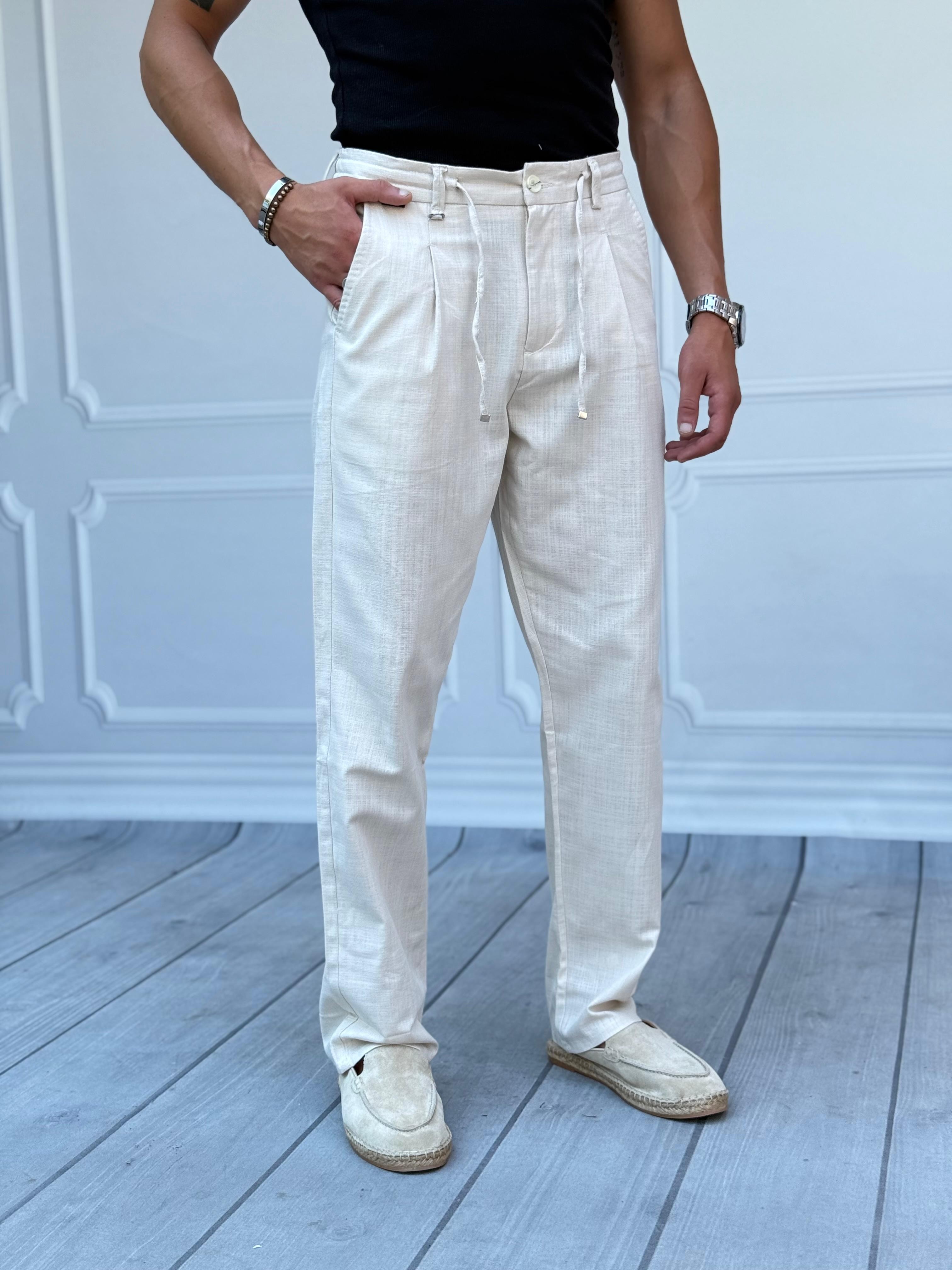 Baggy Kalıp Pİle Detaylı Yazlık Keten Pantolon  - Krem