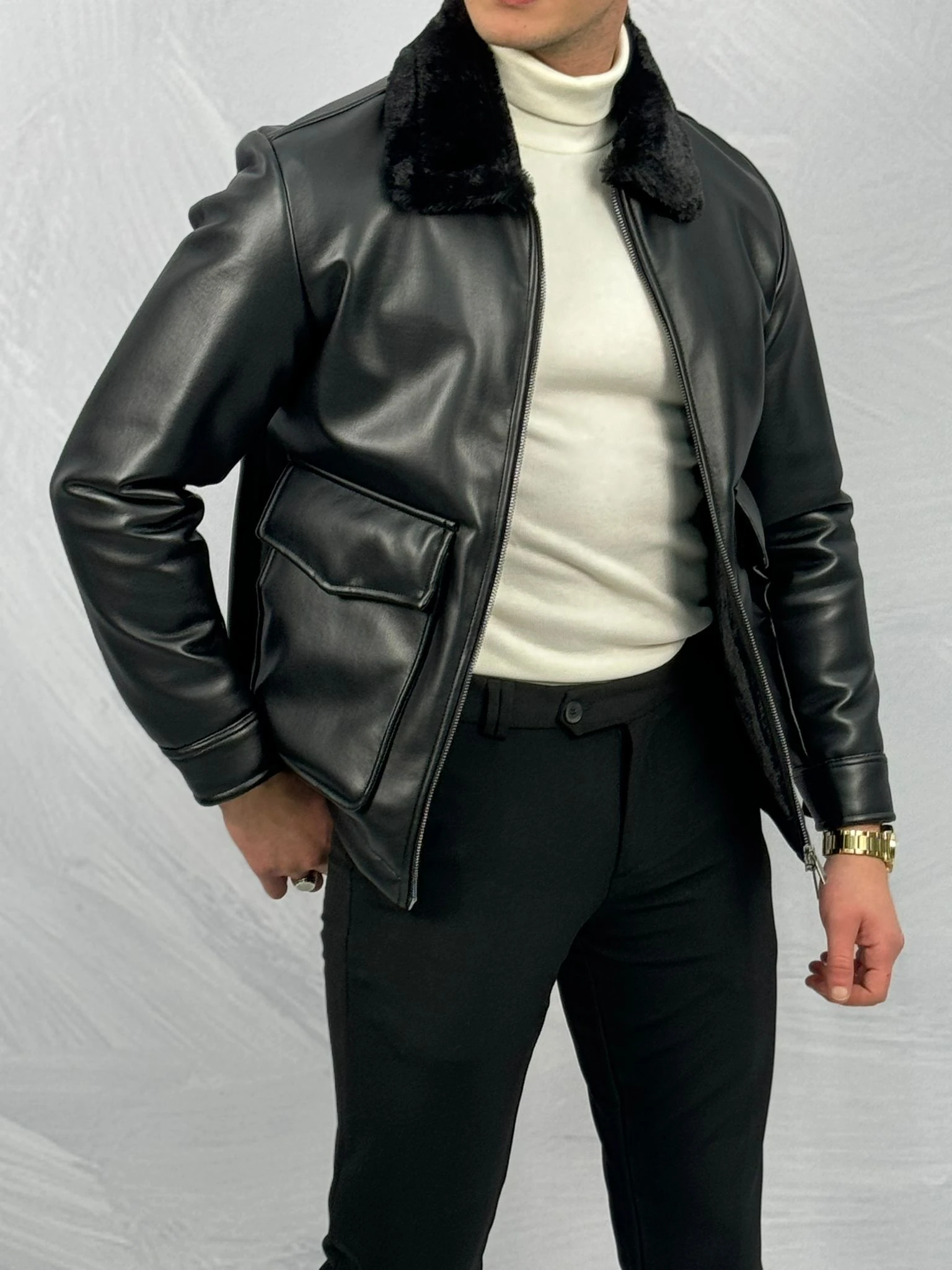 Torba Cep Detaylı Yaka Kürk Detaylı Premium Kalite Full Kürklü Deri Mont 