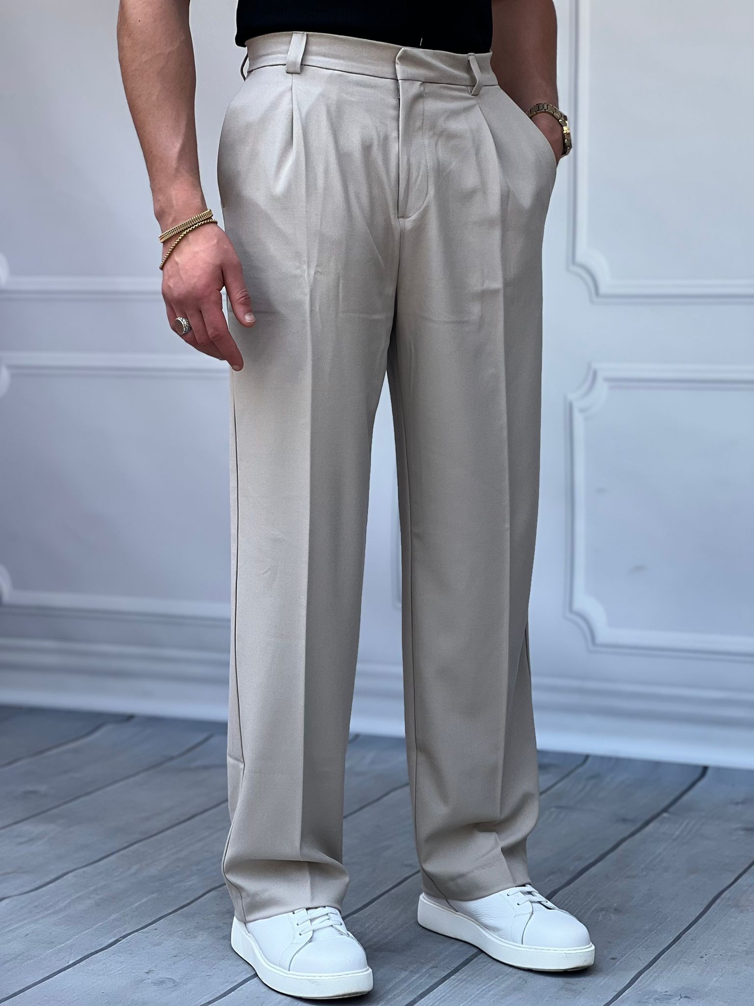Gizli Düğme Detaylı Yüksek Kalite Baggy Pileli Kumaş Pantolon - Krem