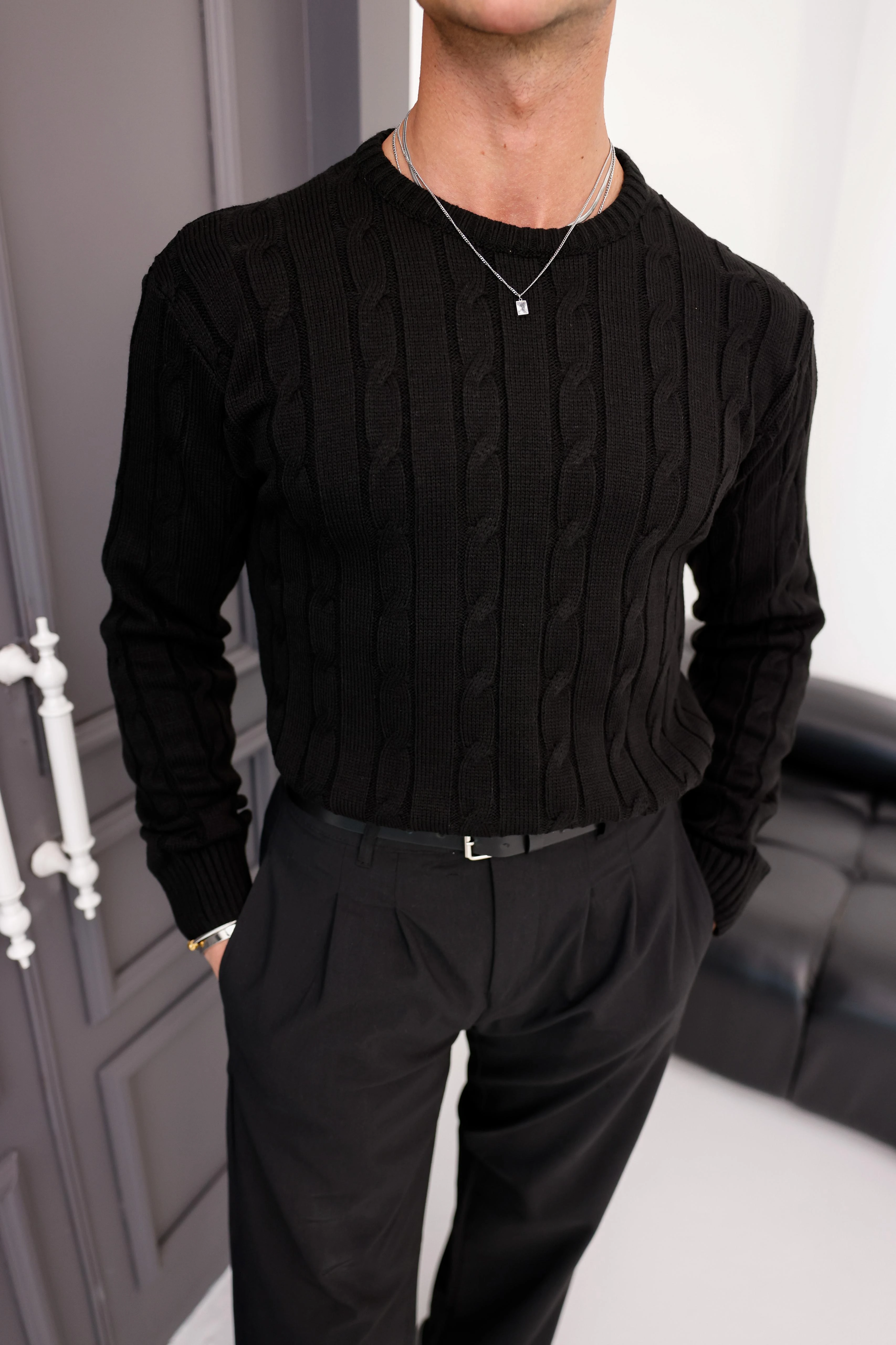 Saç Örgü Desenli Kışlık Regular Kalıp Kalın Kazak - Siyah