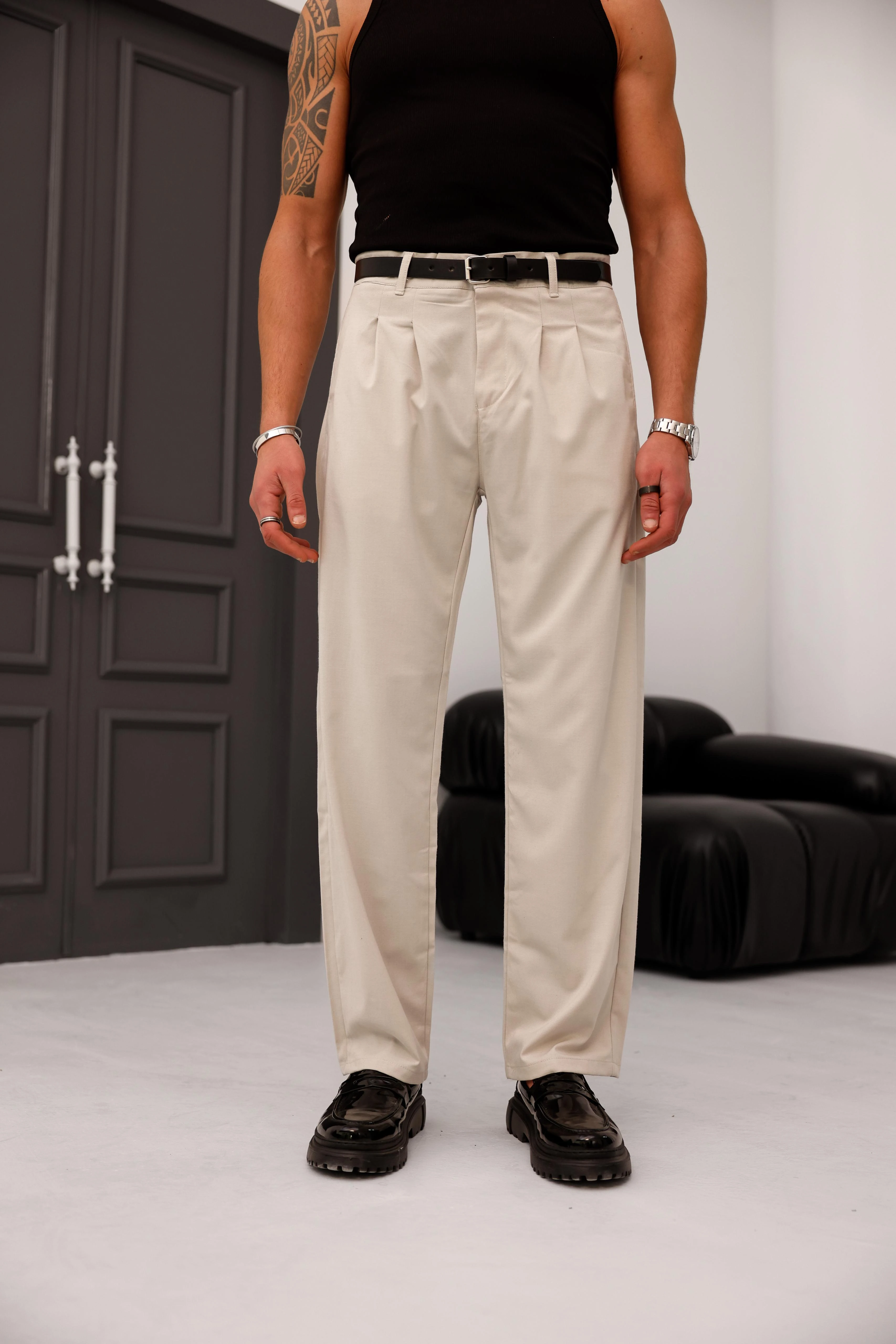 Çift Pile Detaylı Bel Lastiklİ Baggy Kumaş Pantolon - Açık Gri