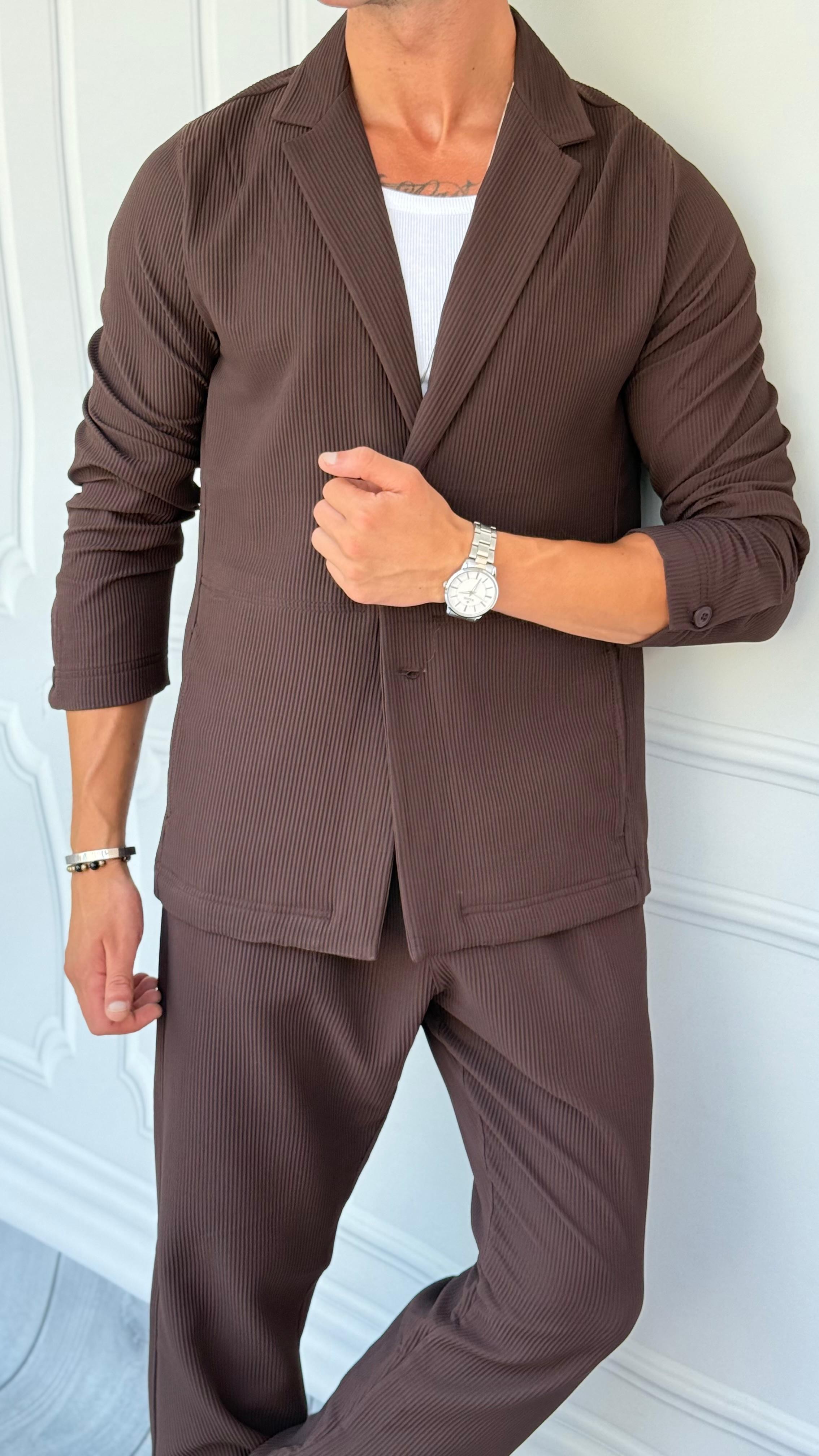 Fitil Detaylı Ceket Pantolon Baggy Takım  - Kahverengi