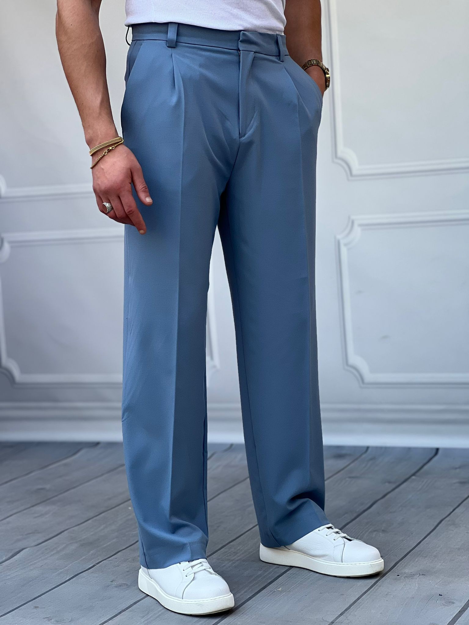 Gizli Düğme Detaylı Yüksek Kalite Baggy Pileli Kumaş Pantolon - Mavi
