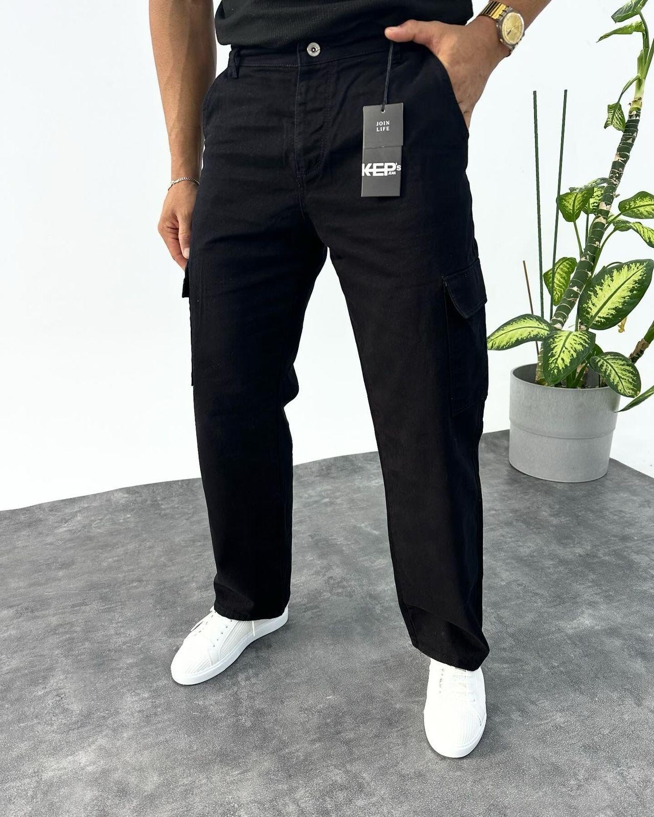 Cargo Cep Baggy Kalıp Gabardin Pantolon - Siyah