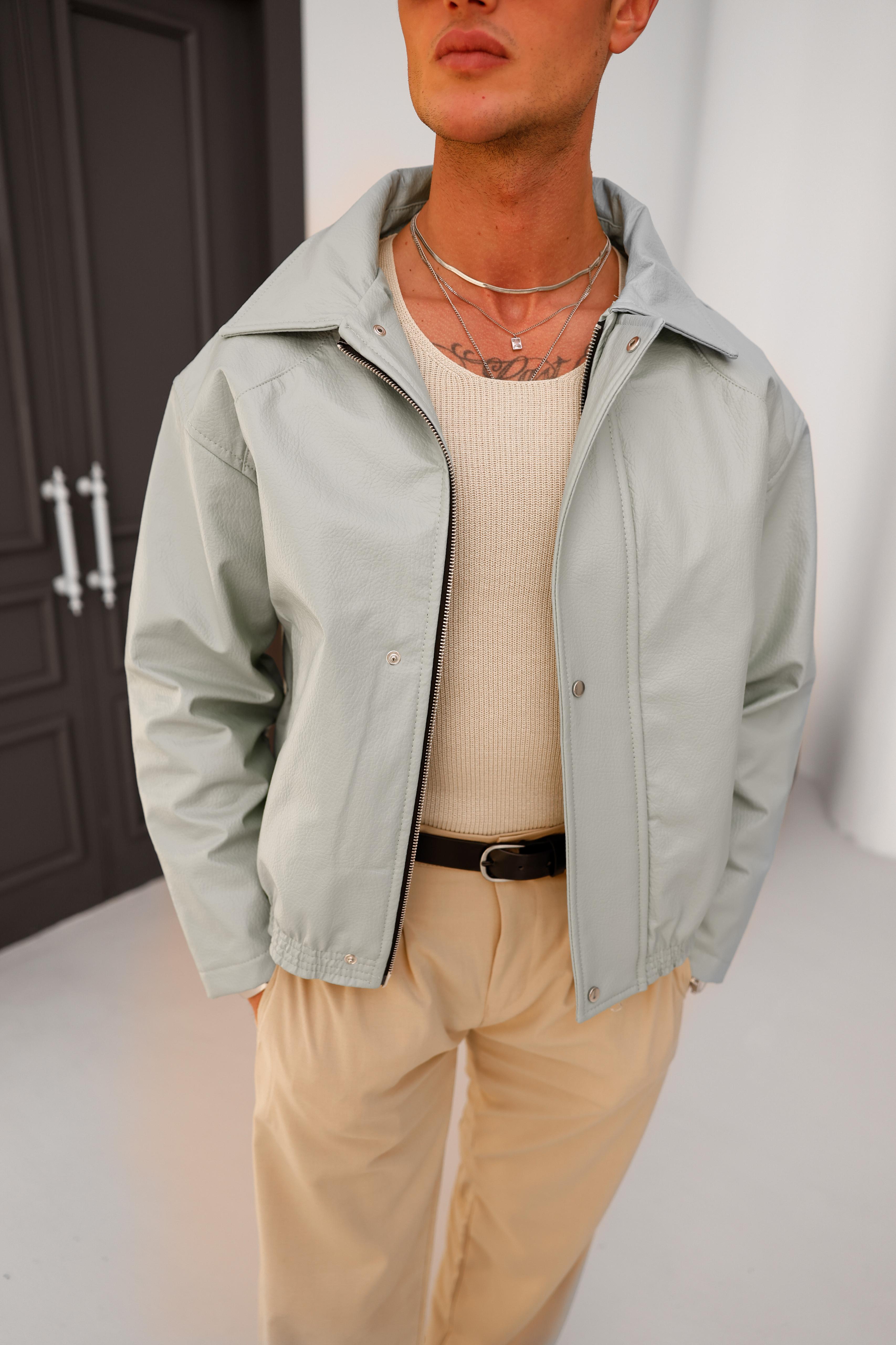 Çok Yüksek Kalite Oversize Kalıp Çİft Fermuar Detaylı Bel Lastikli Deri Mont - Turkuaz