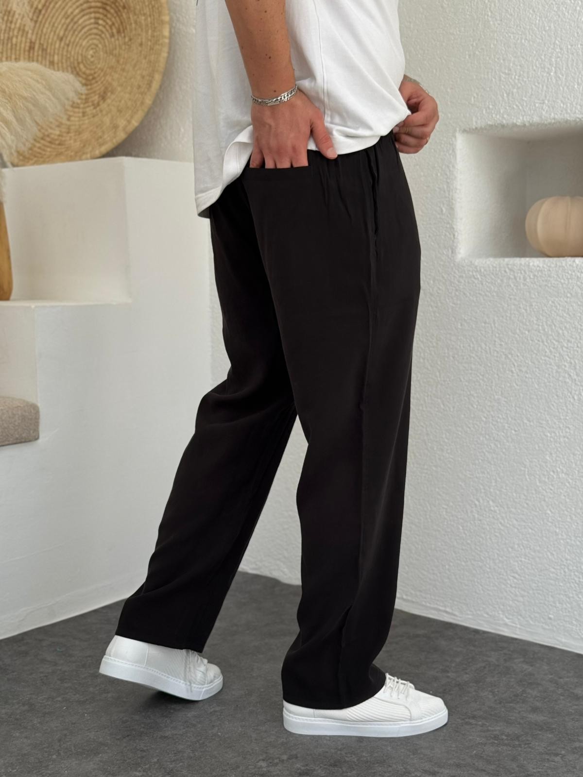 %100 Tensel Kumaş Bel Lastik Detaylı Baggy Kumaş Pantolon