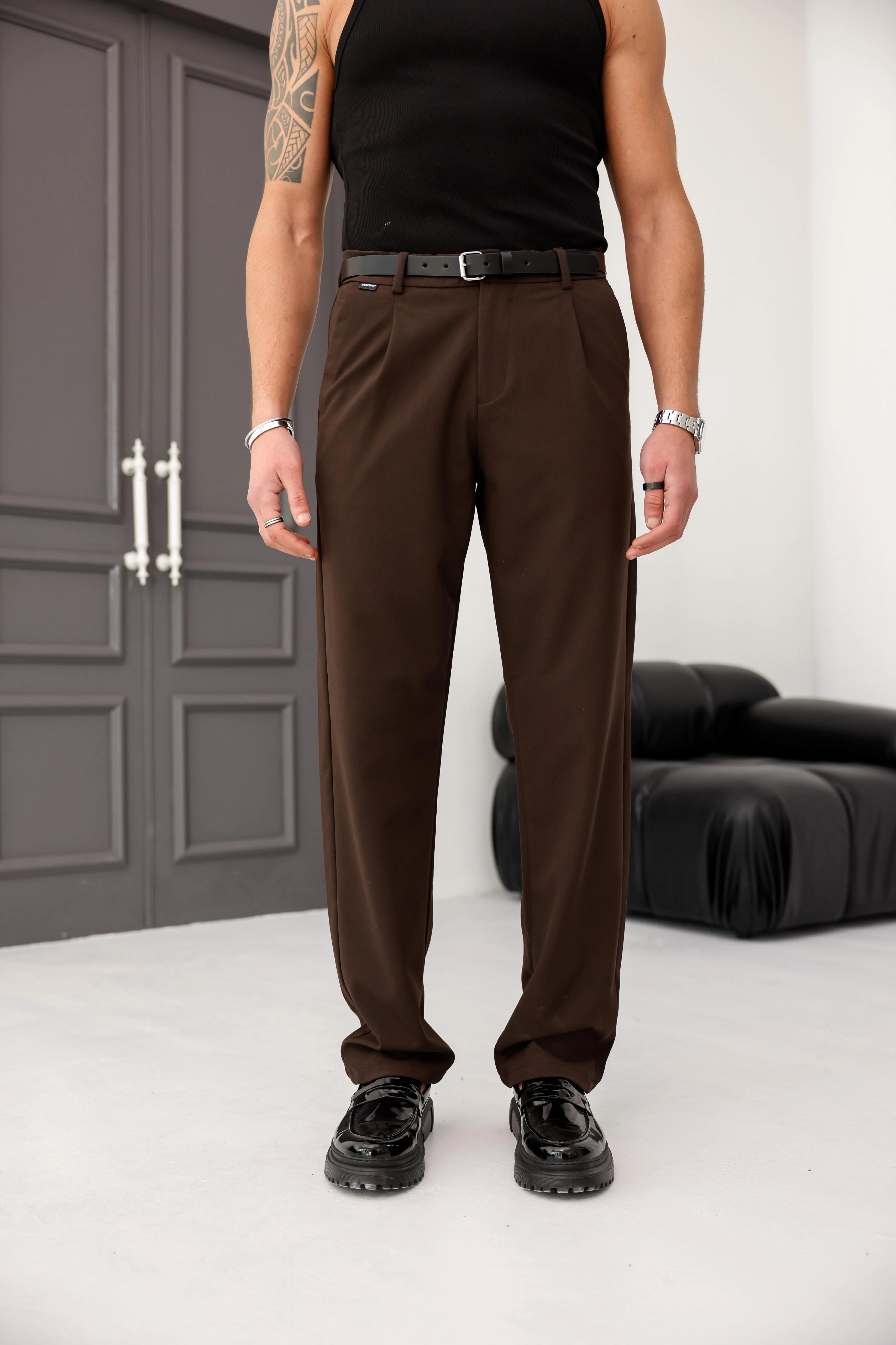 Tek Pile Detaylı Baggy Kumaş Pantolon - Koyu Kahve