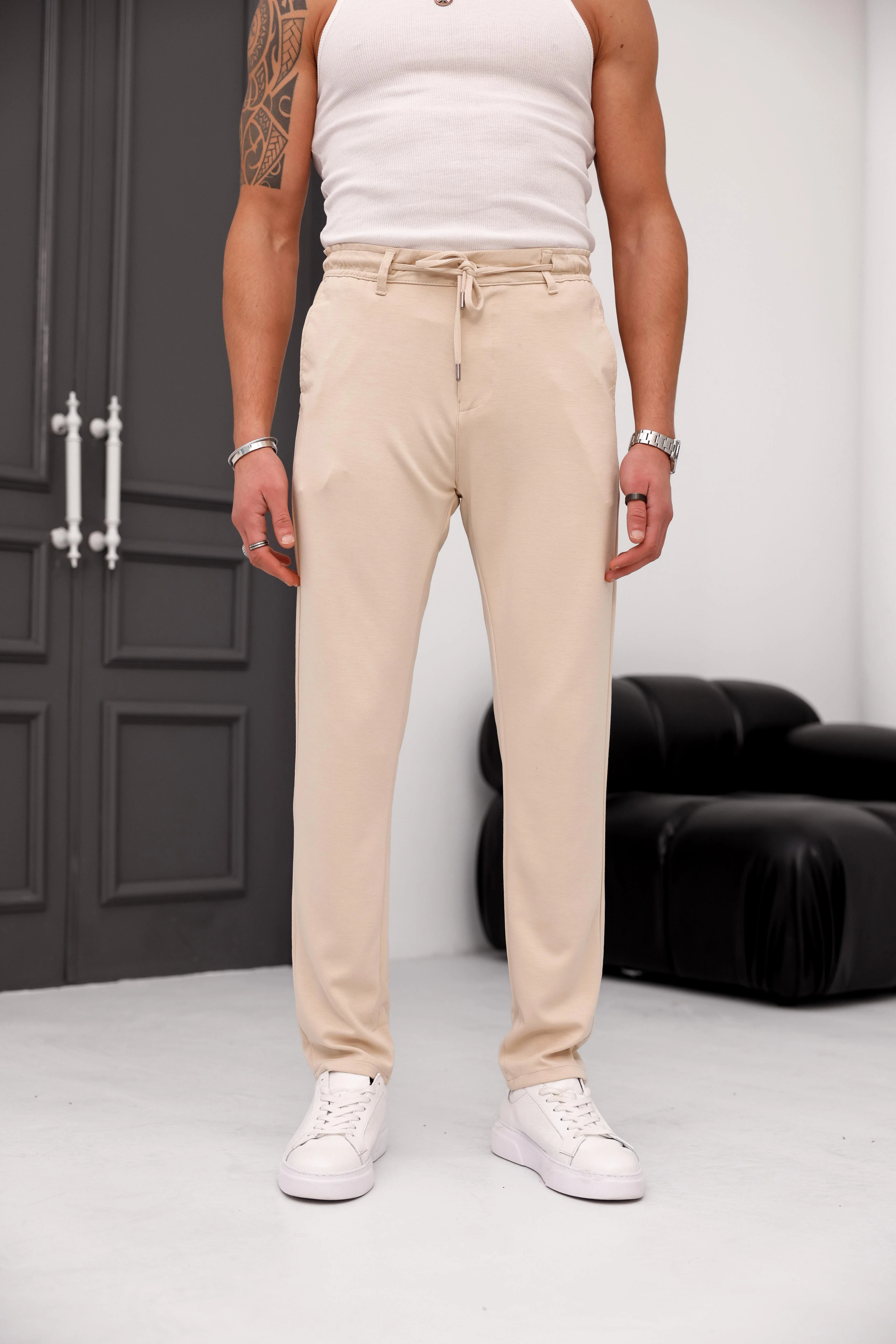 %100 Modal Kumaş Regular Kalıp Bel Lastikli  İp Detaylı Basic Jogger Pantolon - Krem