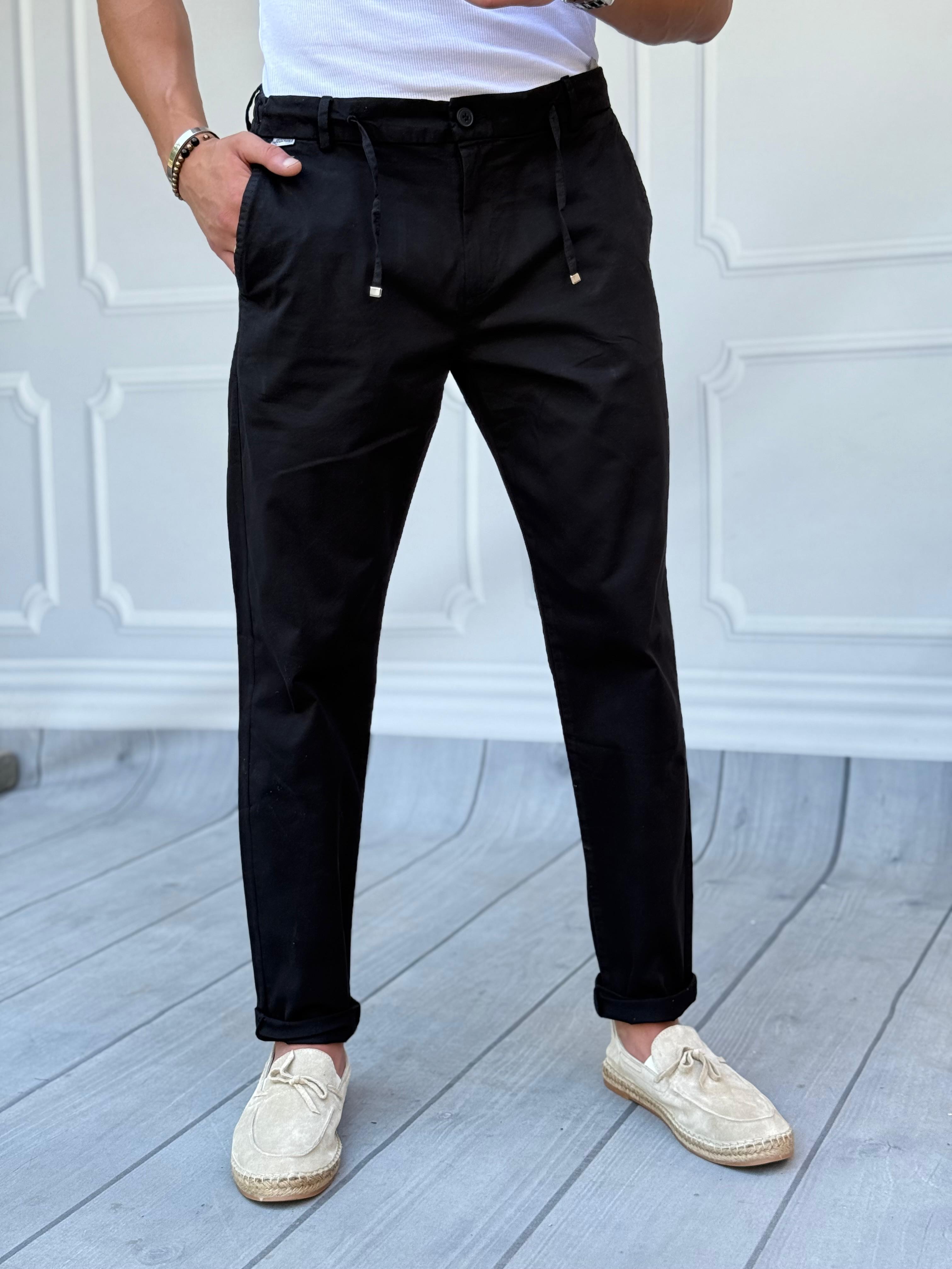 %100 Pamuk Gabardin İp Detaylı Regular Kalıp Keten Pantolon  - Siyah