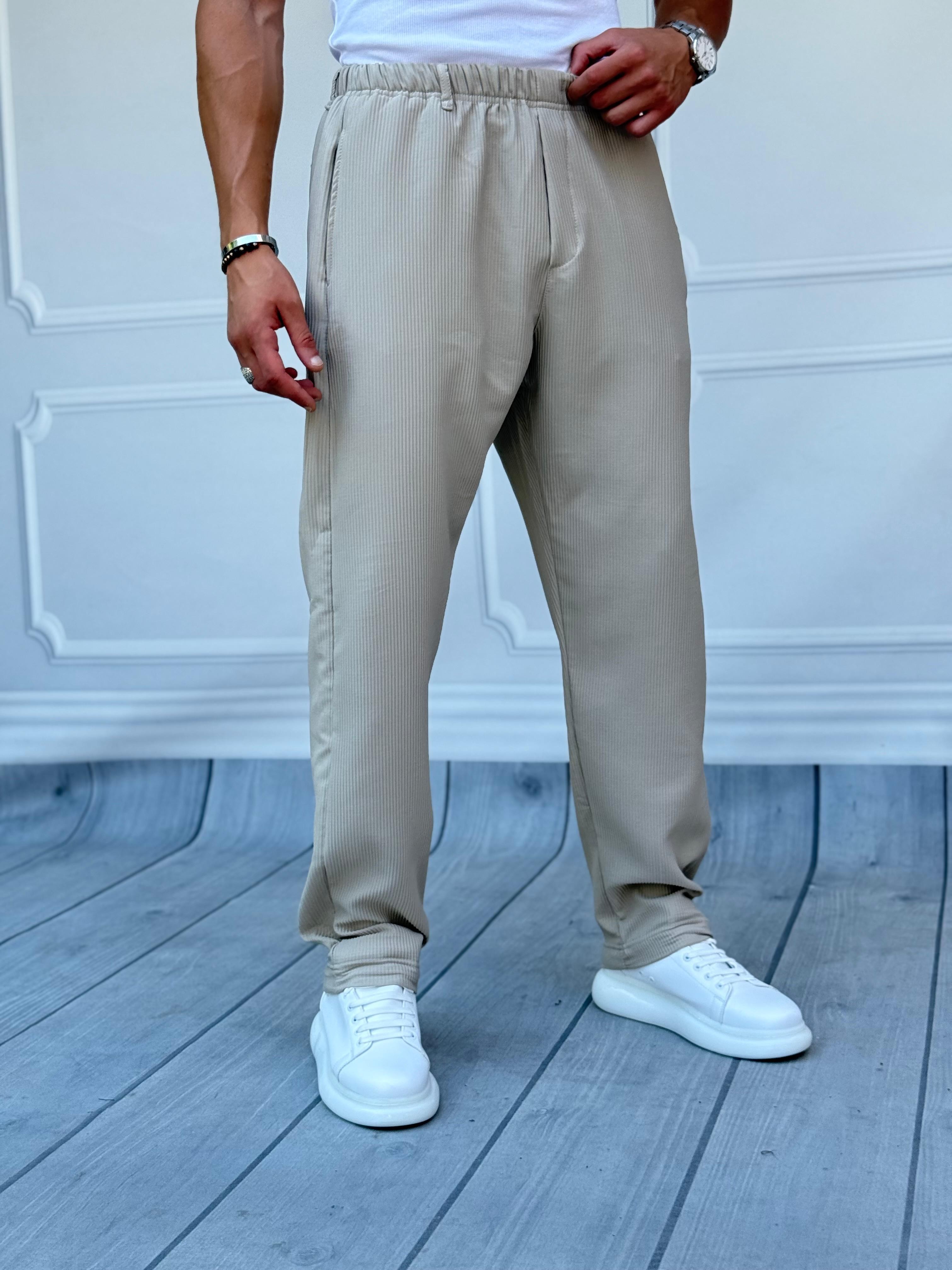 Bel Lastik Ve Köprü Fitil Desenli Baggy Kalıp Jogger Pantolon  - Krem