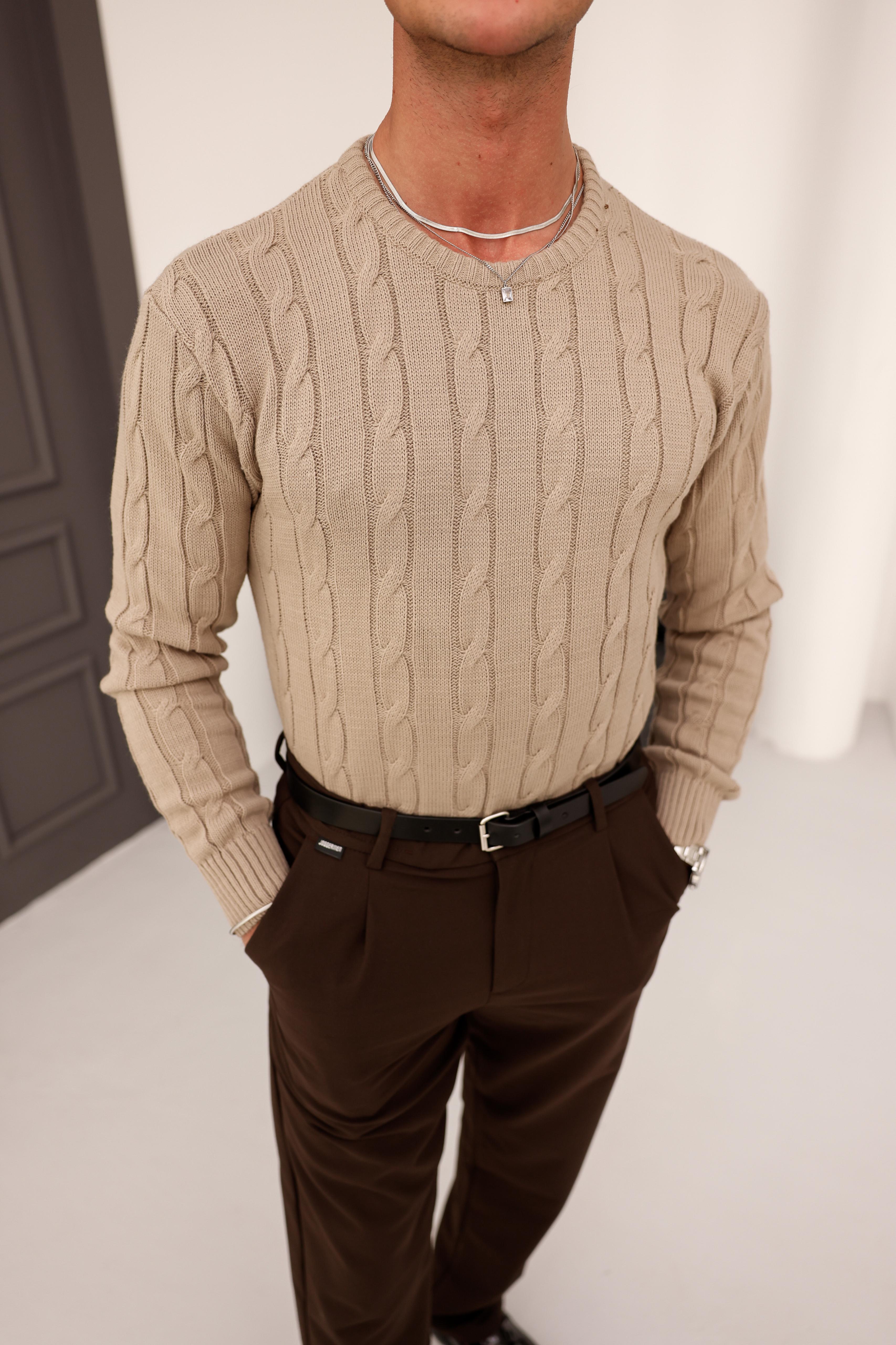 Saç Örgü Desenli Kışlık Regular Kalıp Kalın Kazak - Krem