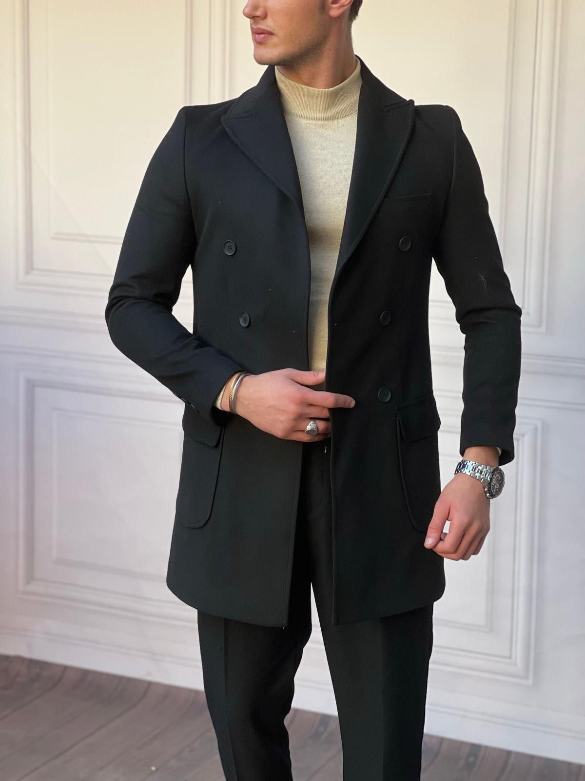 Kruvaze Model Yüksek Kalite Slimfit Kaşe Kaban 