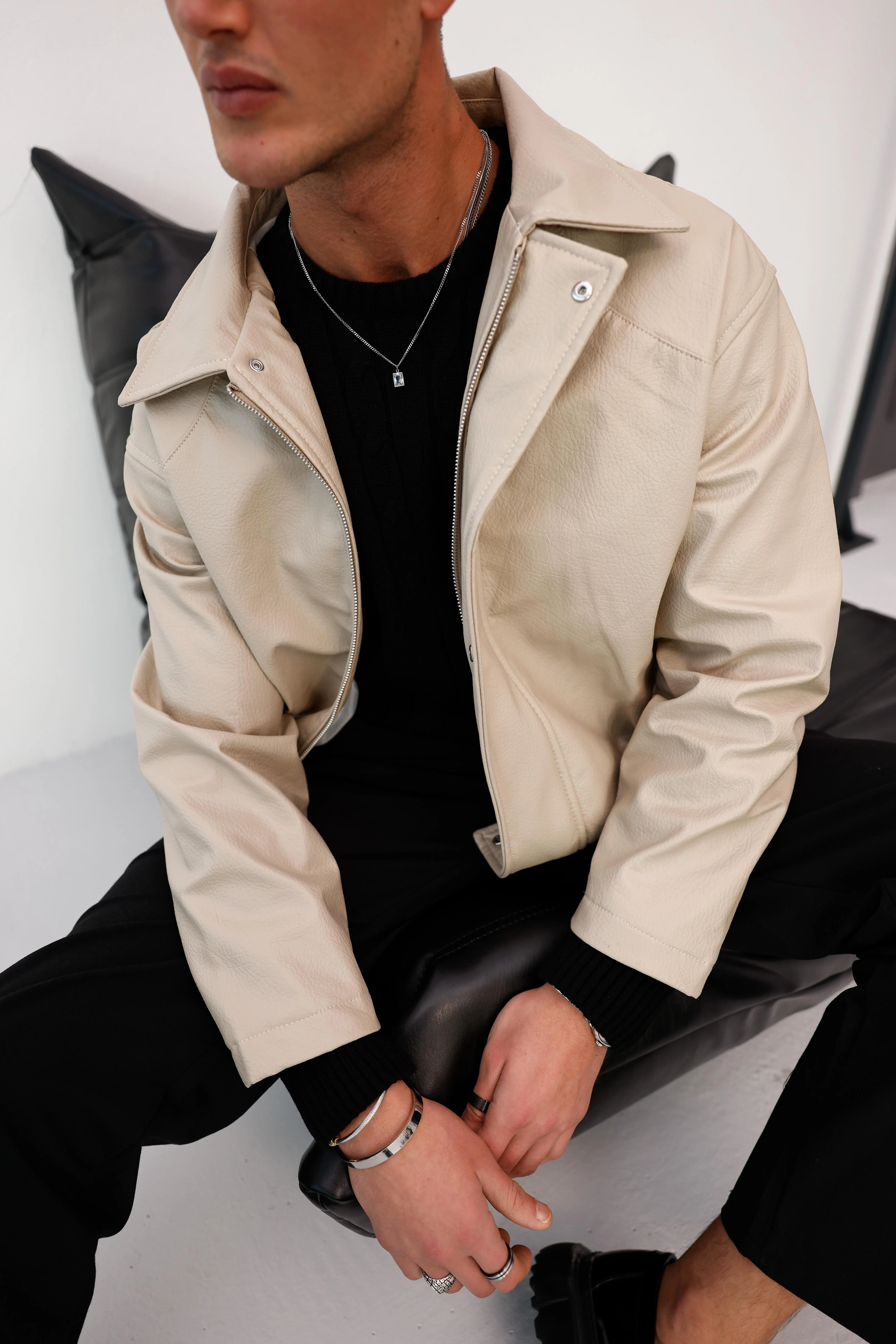 Çok Yüksek Kalite Oversize Kalıp Çİft Fermuar Detaylı Bel Lastikli Deri Mont - Krem