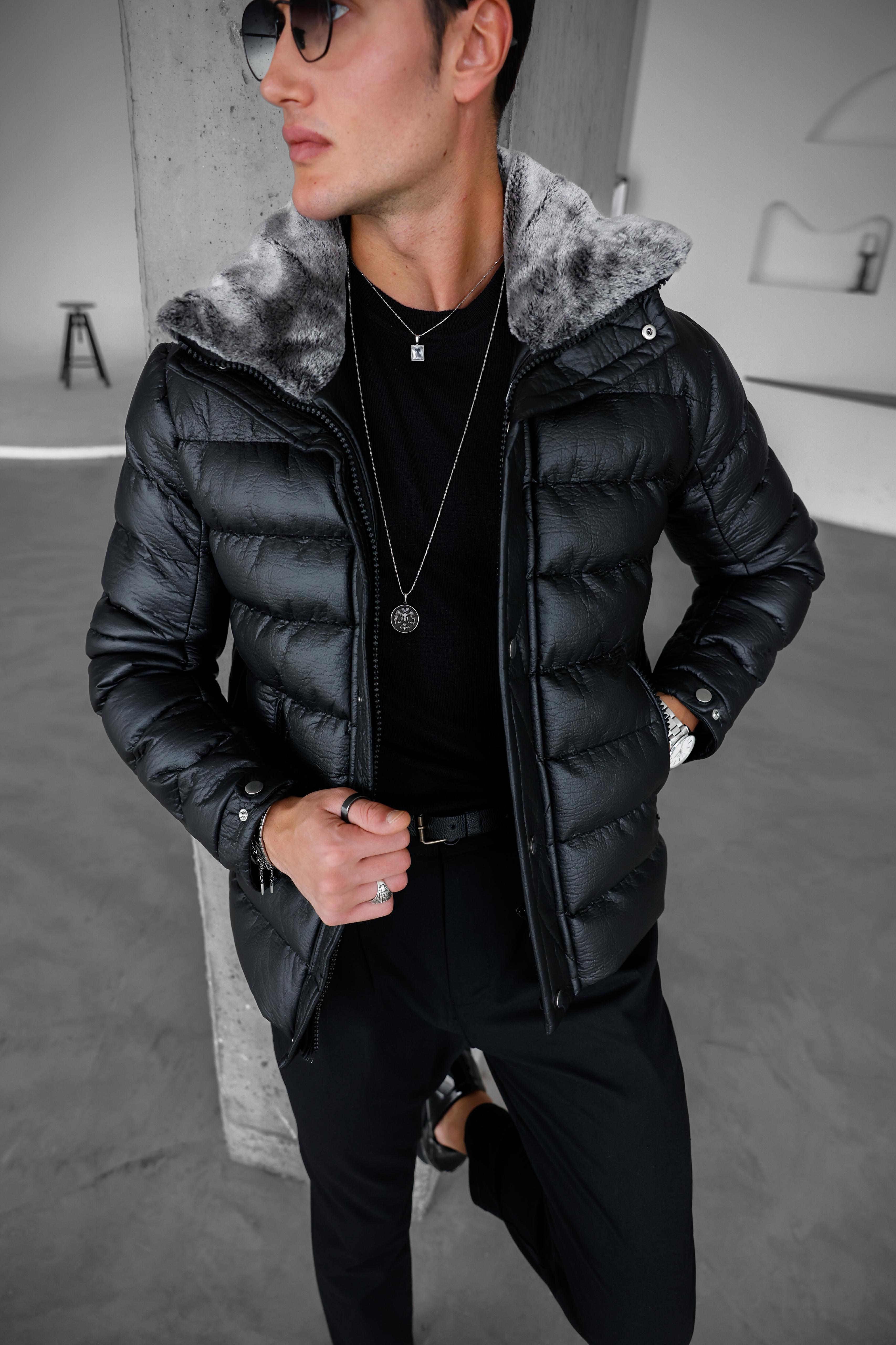 Mumlu Kumaş Yaka Kürklü Yüksek Kalite Deri Mont