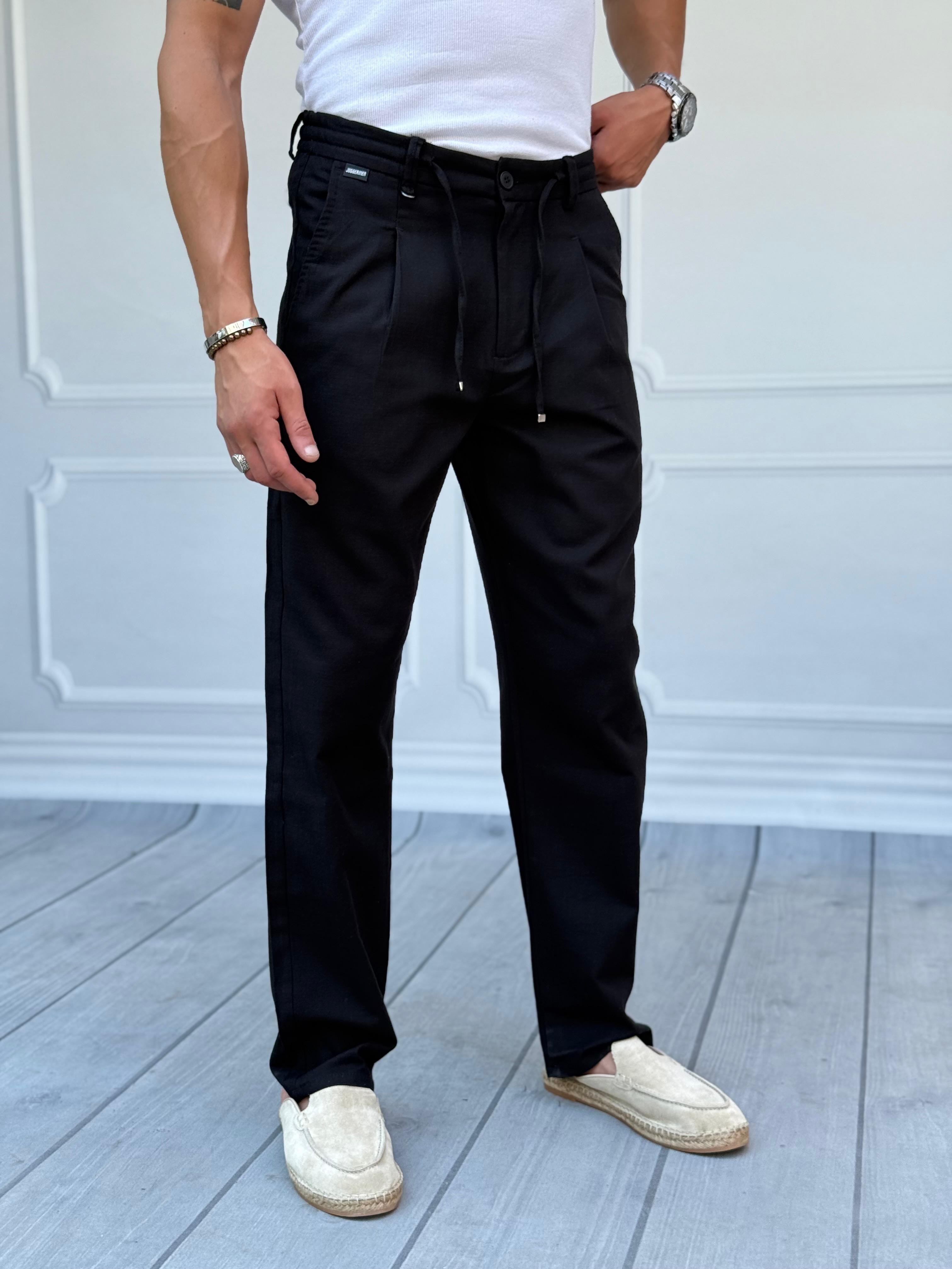 Baggy Kalıp Pİle Detaylı Yazlık Keten Pantolon  - Siyah