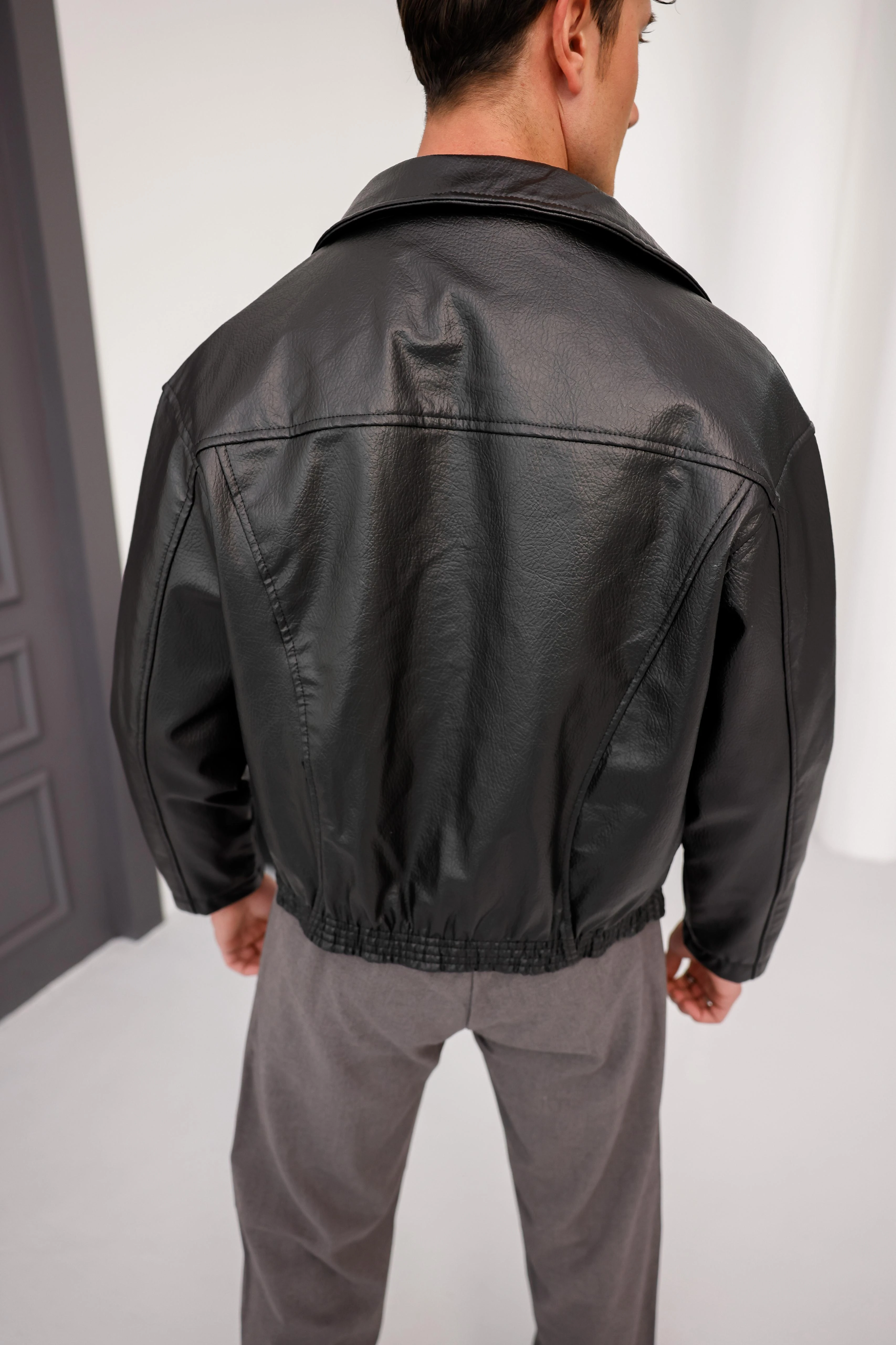 Çok Yüksek Kalite Oversize Kalıp Çİft Fermuar Detaylı Bel Lastikli Deri Mont