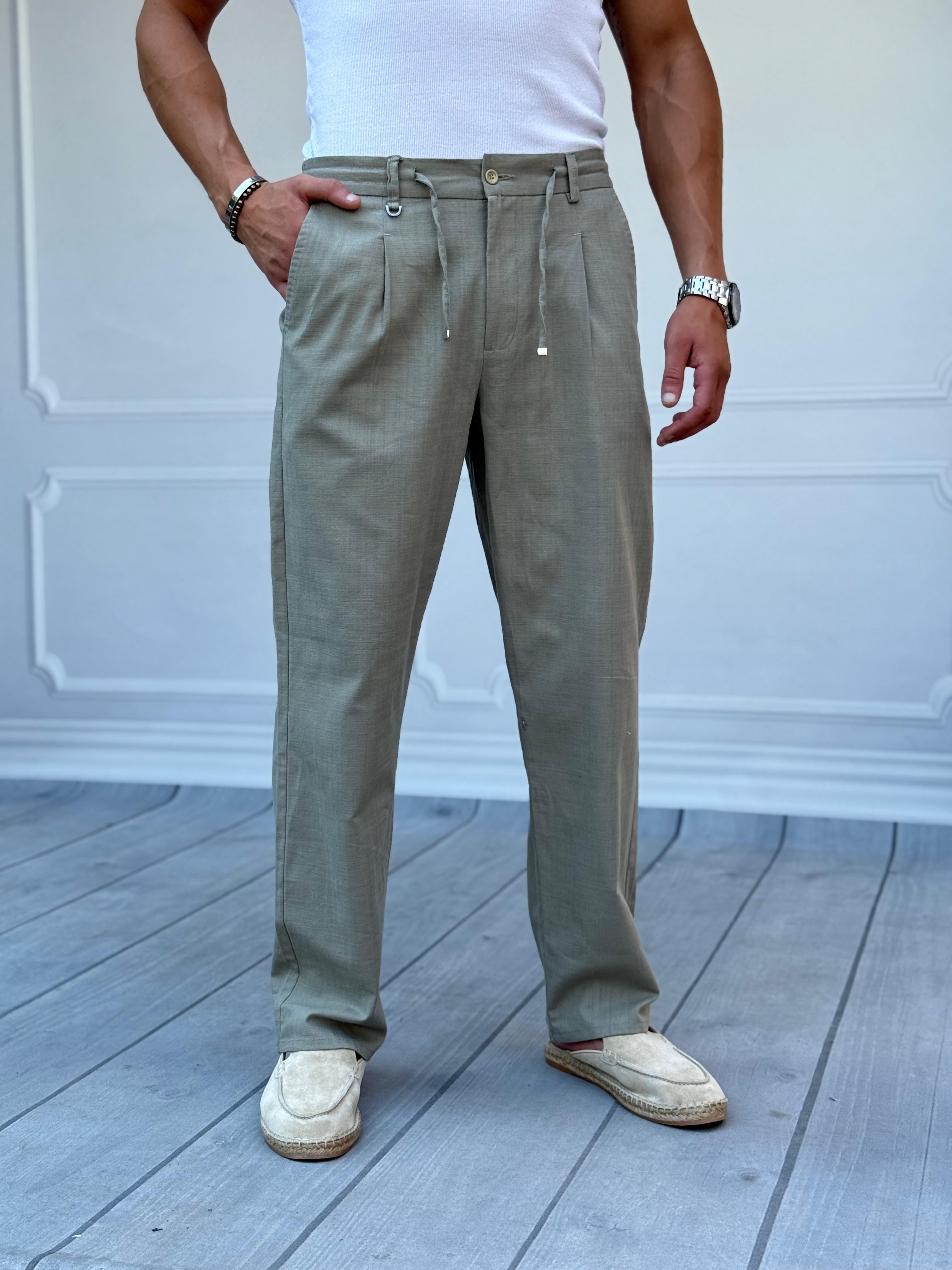Baggy Kalıp Pİle Detaylı Yazlık Keten Pantolon  - Haki