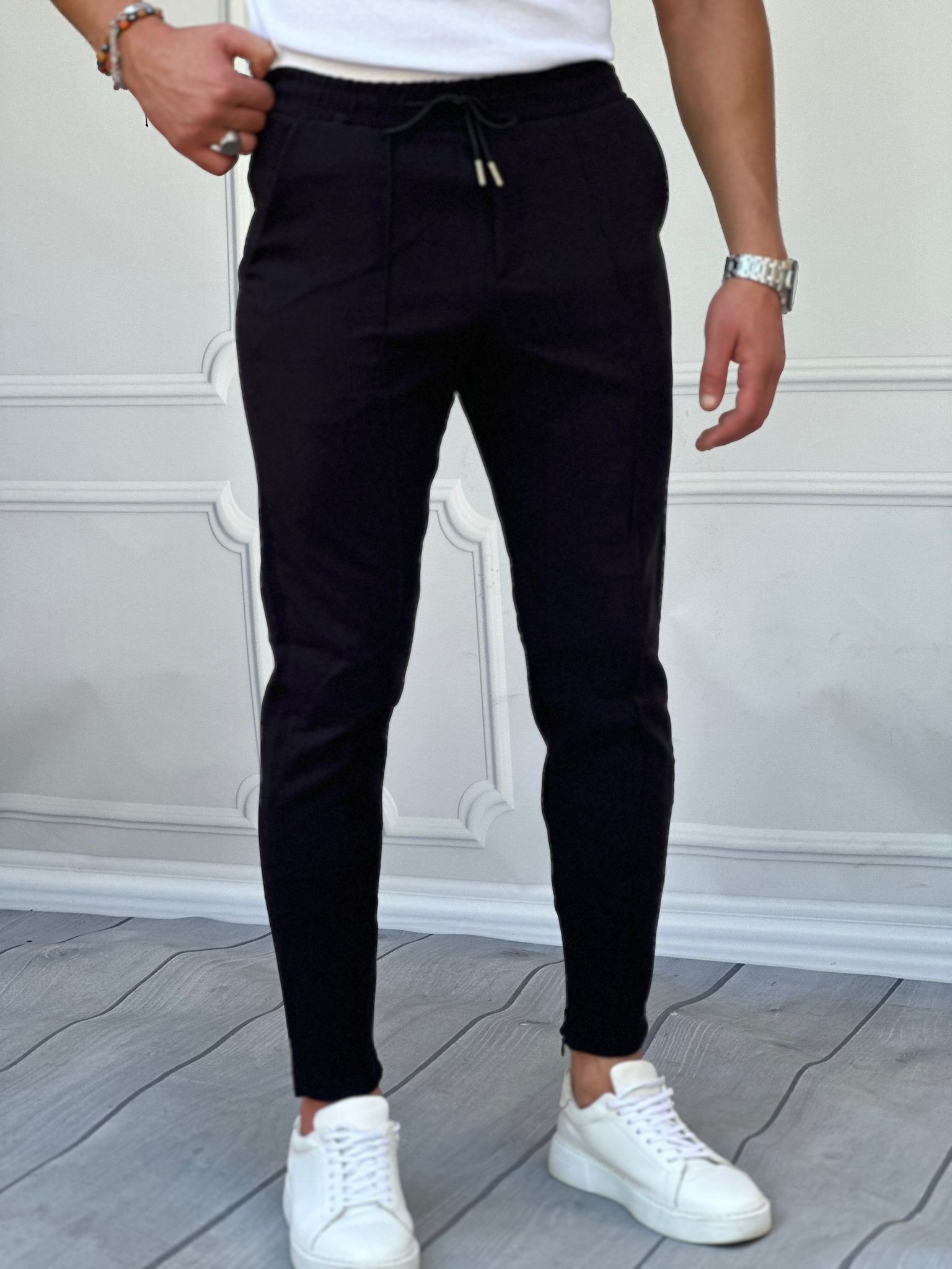 Önü Çizgi Detaylı Slim Fit Kesim İp Detaylı Paça Fermuarlı Full Likralı  Jogger Pantolon