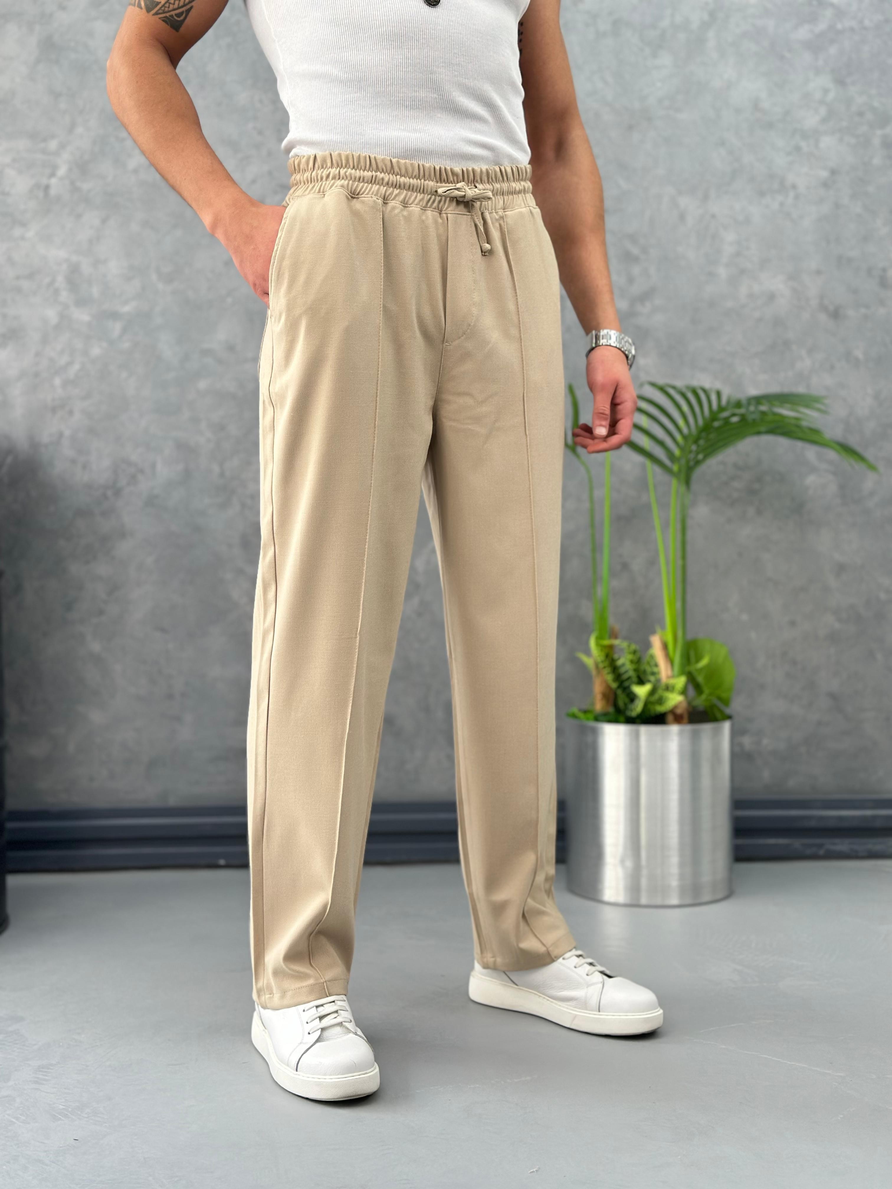 Yüksek Kalite Çımalı Kumaş Jogger Pantolon  - Krem