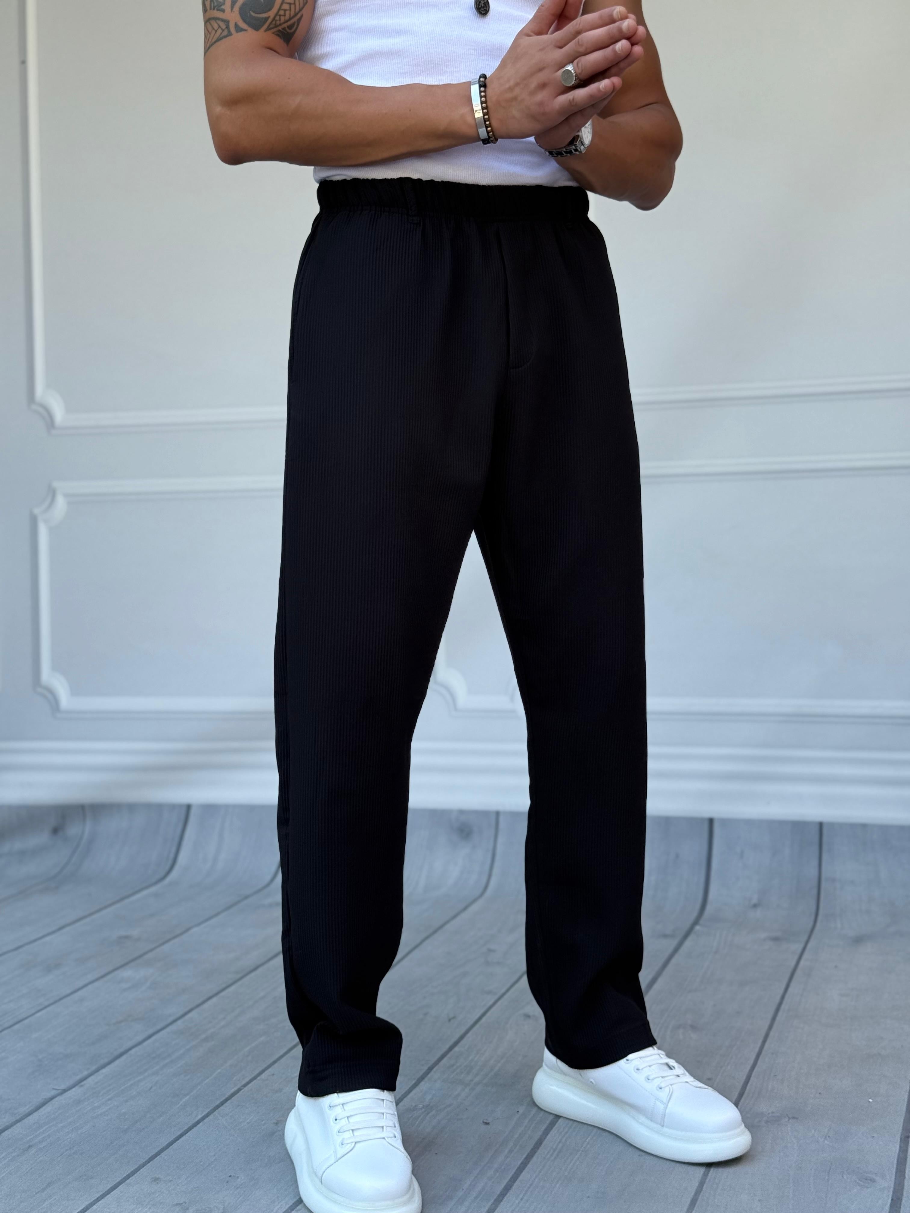 Bel Lastik Ve Köprü Fitil Desenli Baggy Kalıp Jogger Pantolon  - Siyah