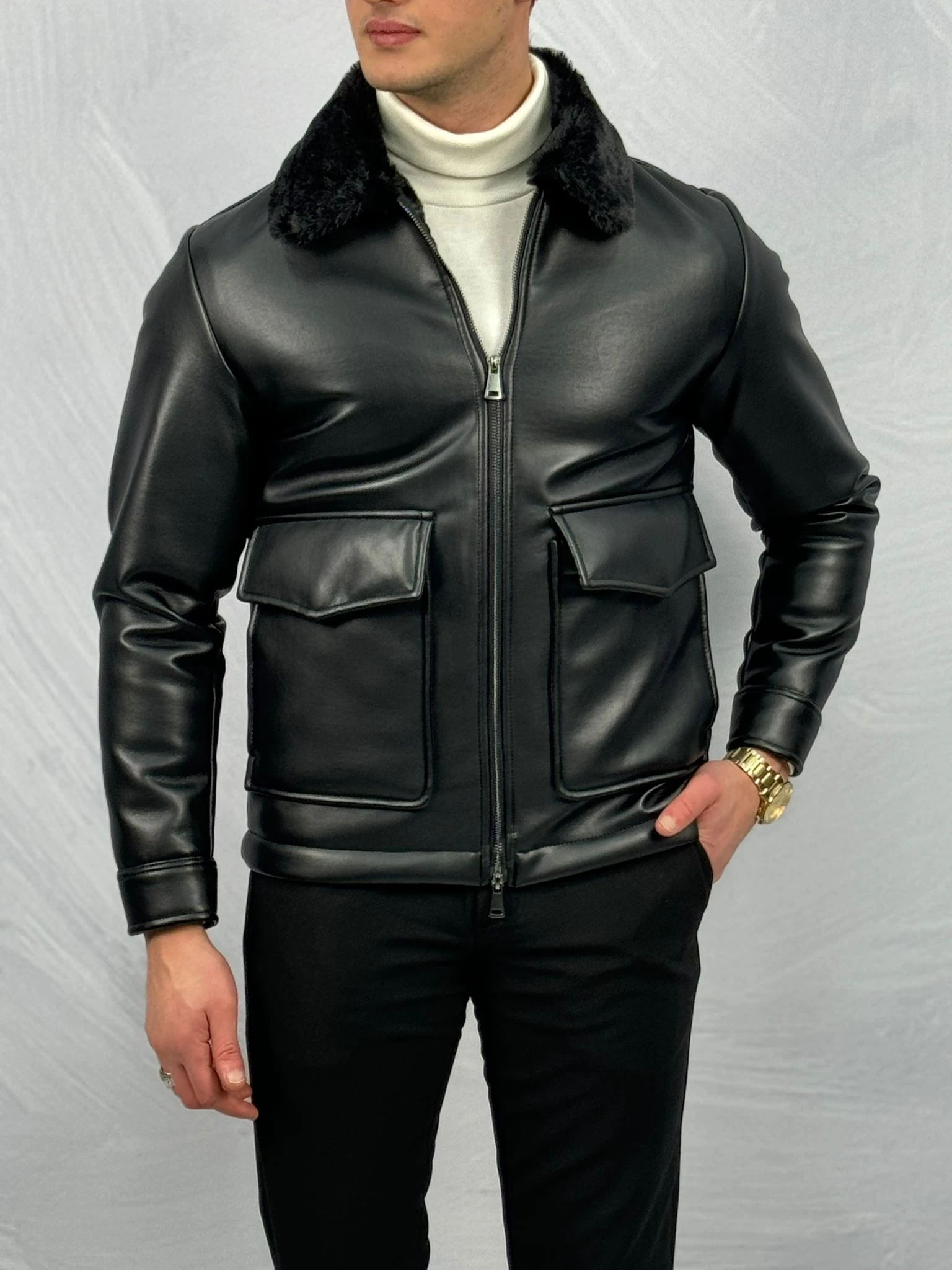 Torba Cep Detaylı Yaka Kürk Detaylı Premium Kalite Full Kürklü Deri Mont 