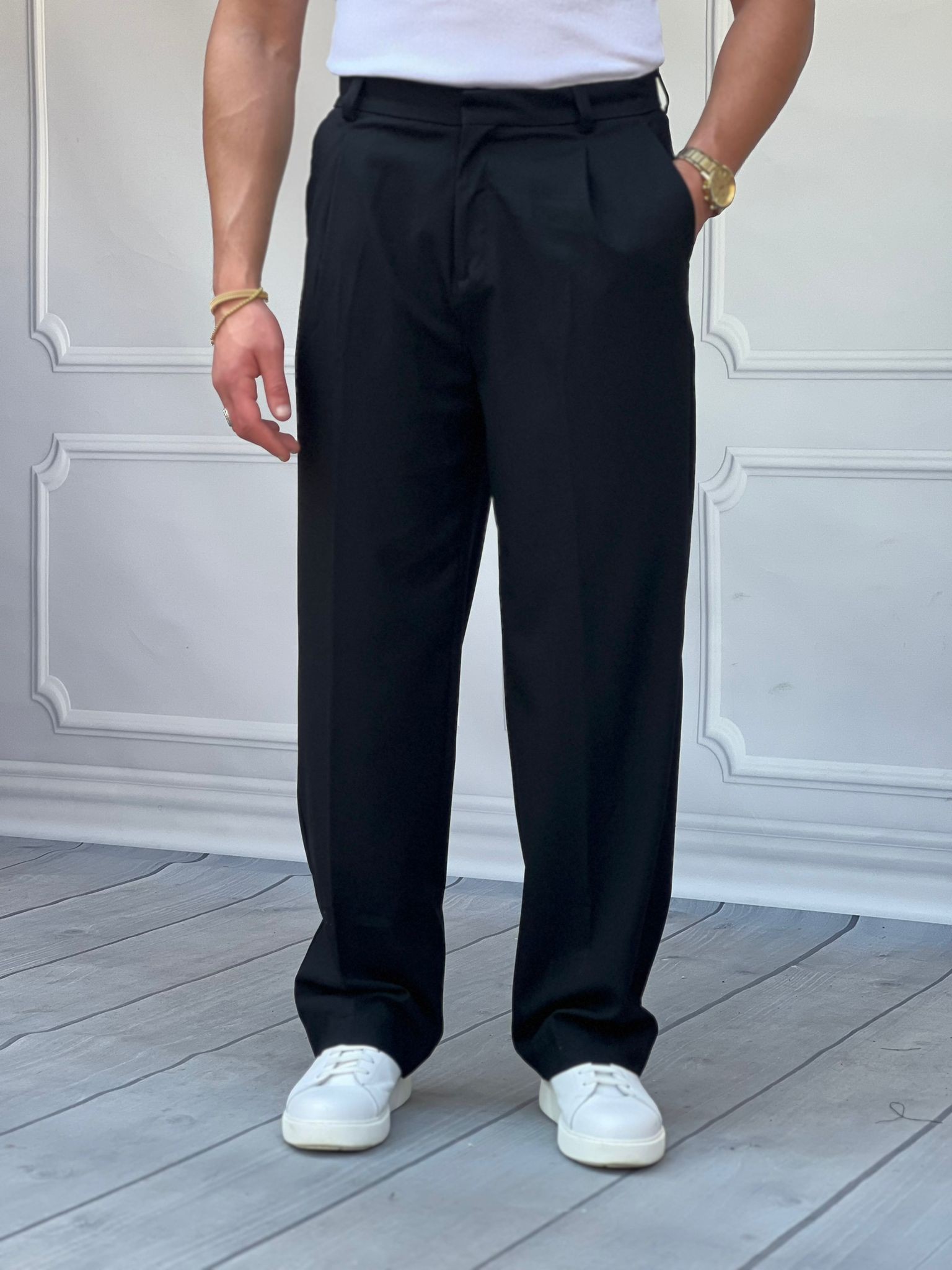 Gizli Düğme Detaylı Yüksek Kalite Baggy Pileli Kumaş Pantolon - Siyah