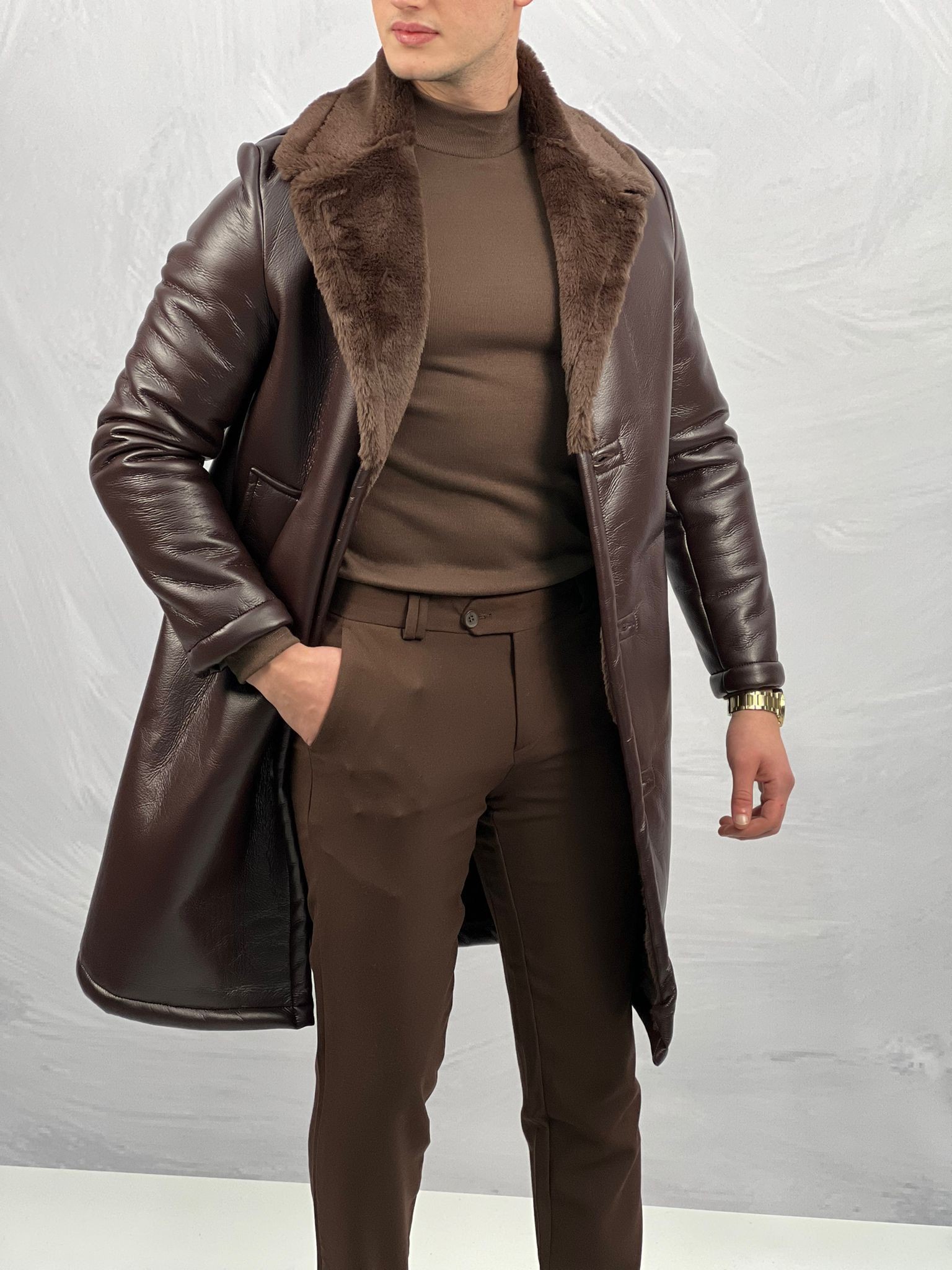 Koyu Kahvrengi Full Kürklü Zırh Deri Trench Palto 