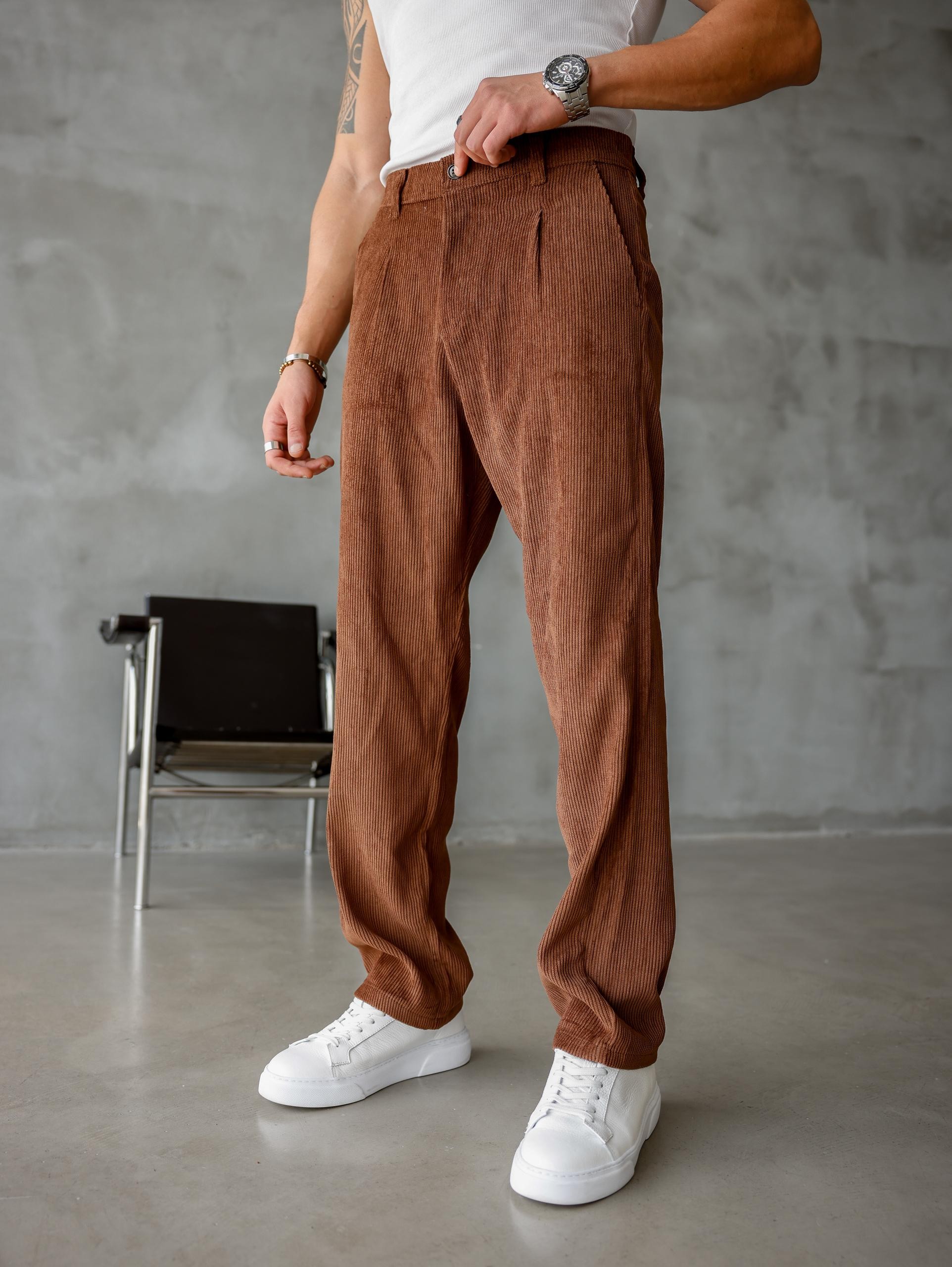 Yüksek Kalite Tek Pile Detaylı Baggy Kalıp Kadife Pantolon - Kahverengi