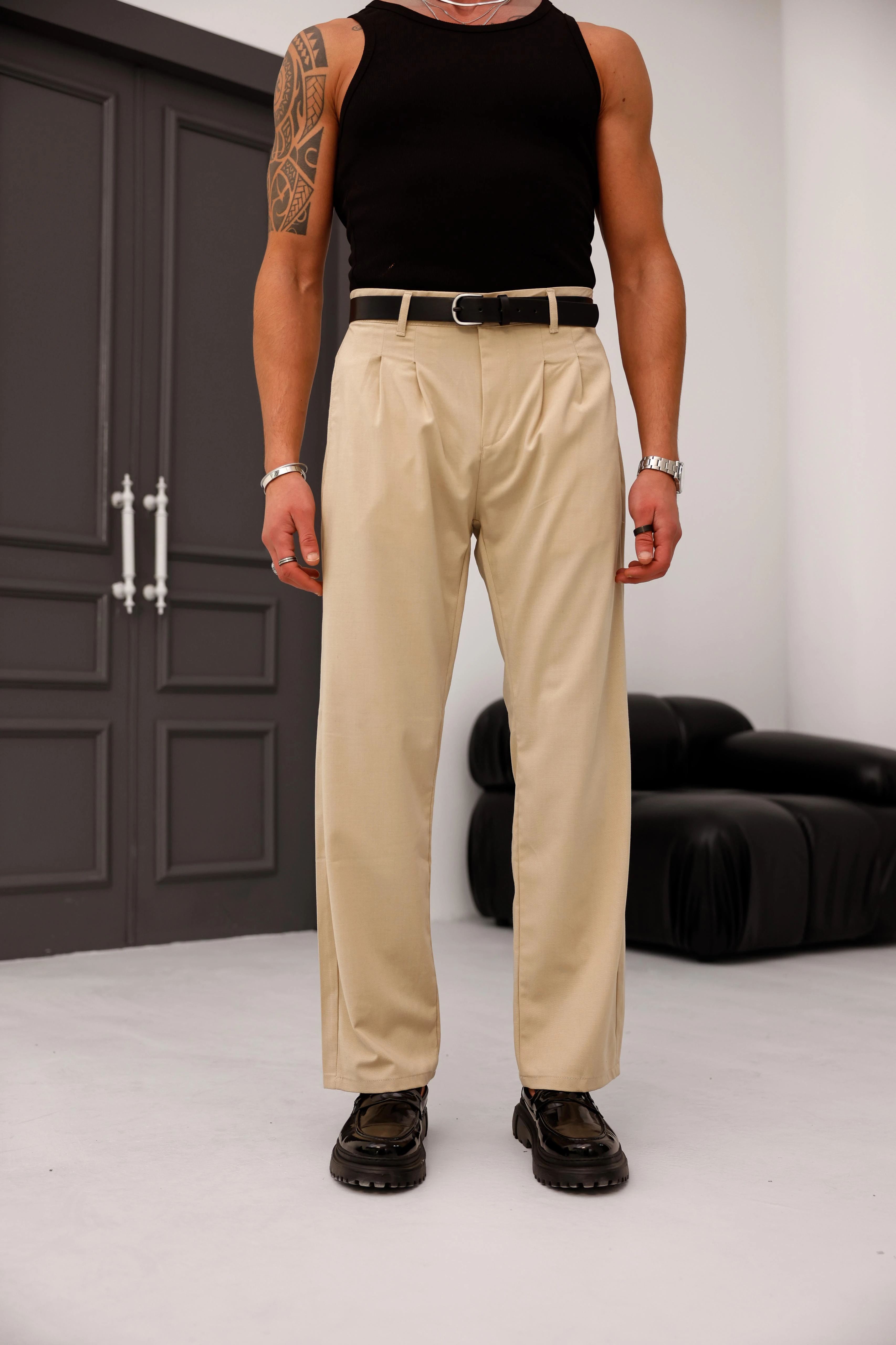 Çift Pile Detaylı Bel Lastiklİ Baggy Kumaş Pantolon - Bej