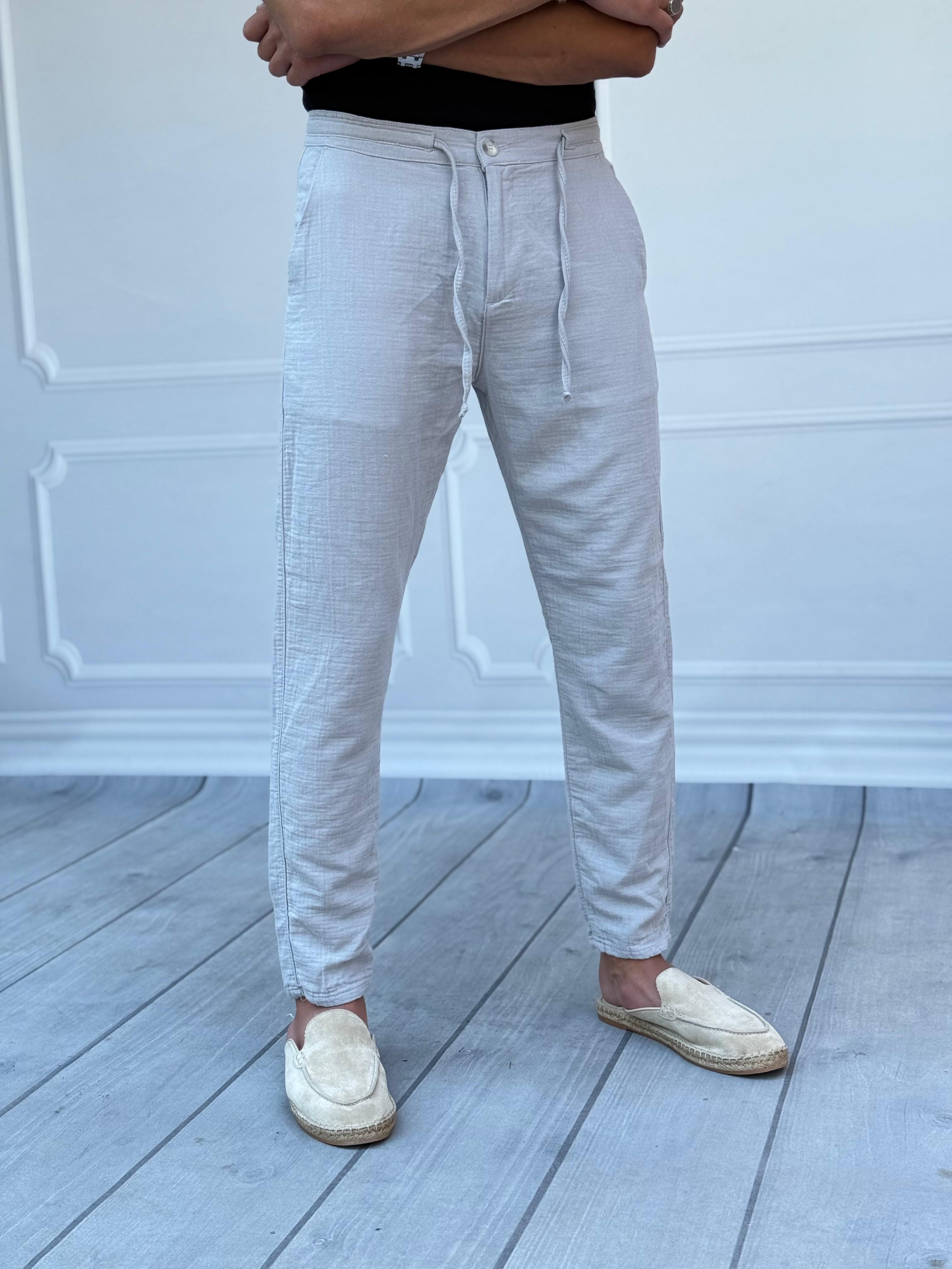 %100 Müslin Keten Regular Kalıp Keten Pantolon - Açık Gri