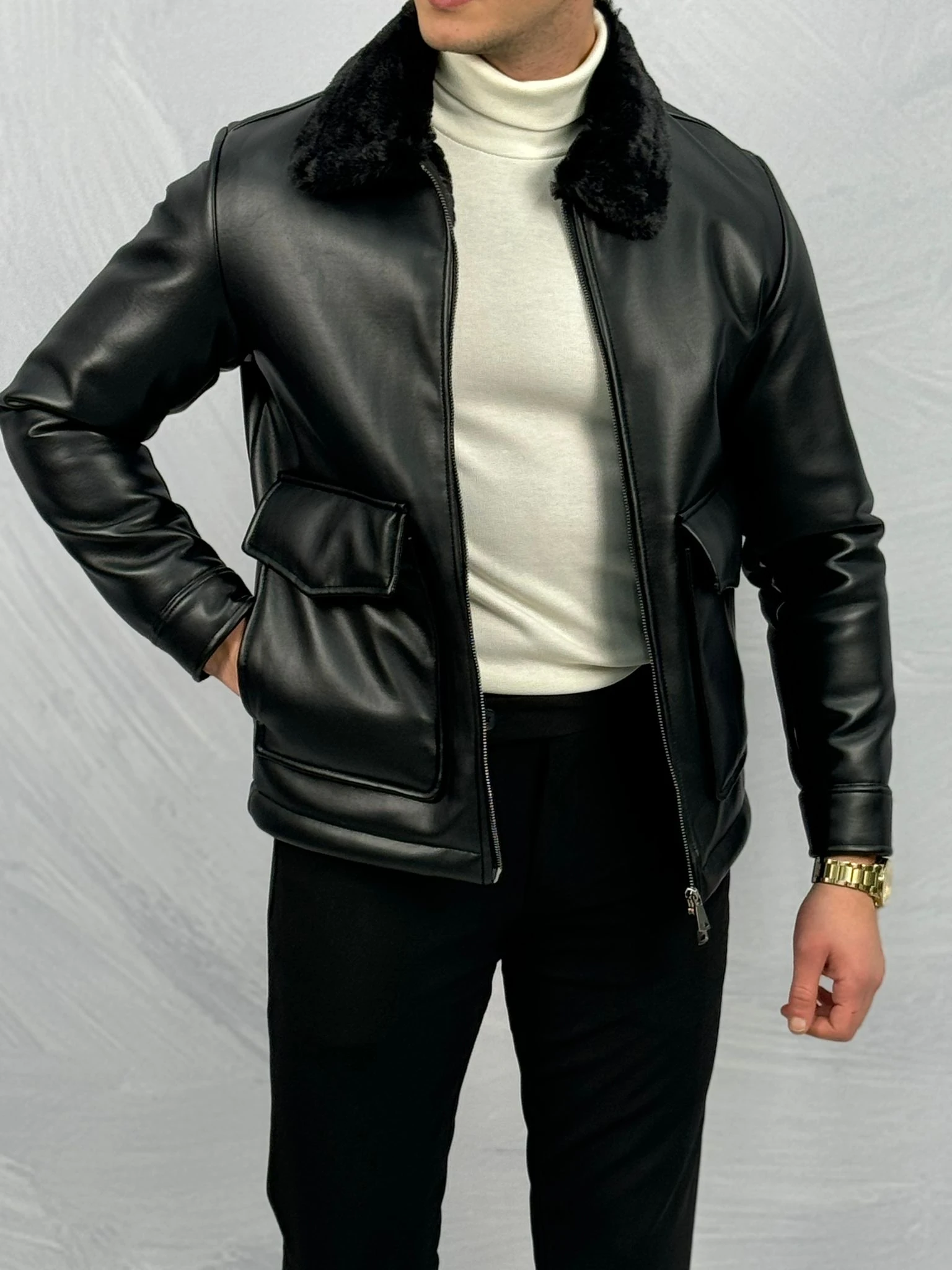 Torba Cep Detaylı Yaka Kürk Detaylı Premium Kalite Full Kürklü Deri Mont 