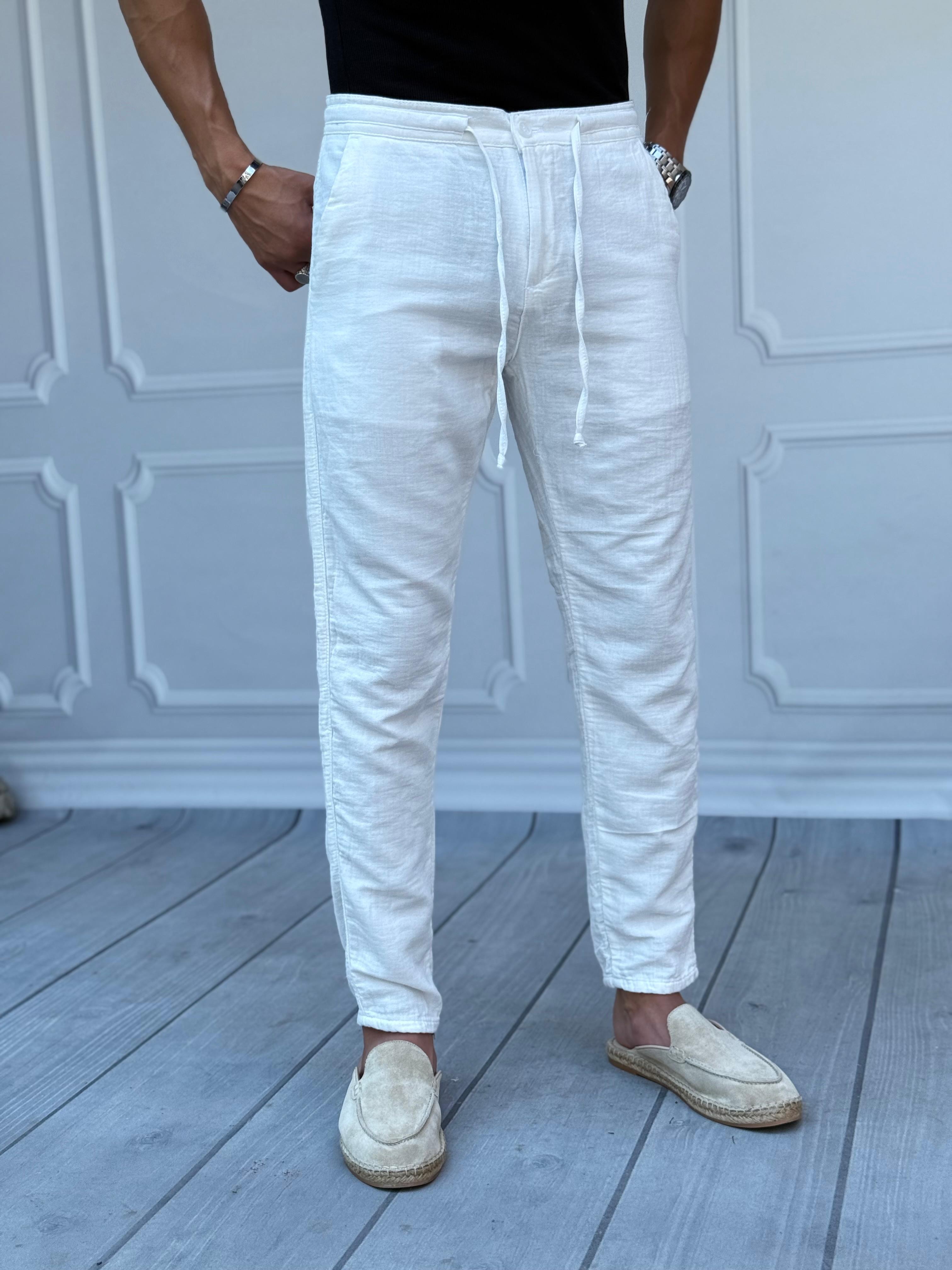 %100 Müslin Keten Regular Kalıp Keten Pantolon - Beyaz