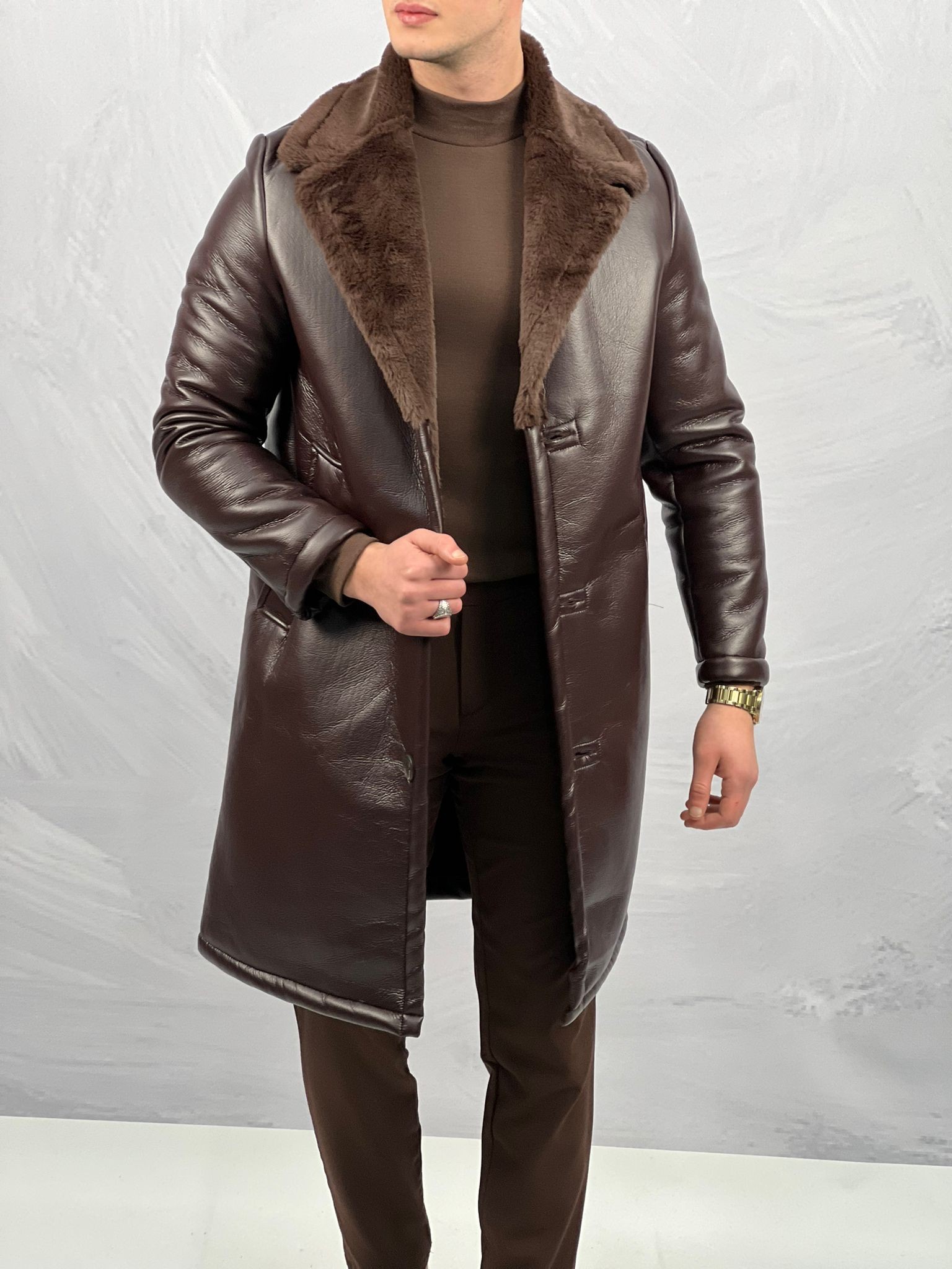 Koyu Kahvrengi Full Kürklü Zırh Deri Trench Palto 