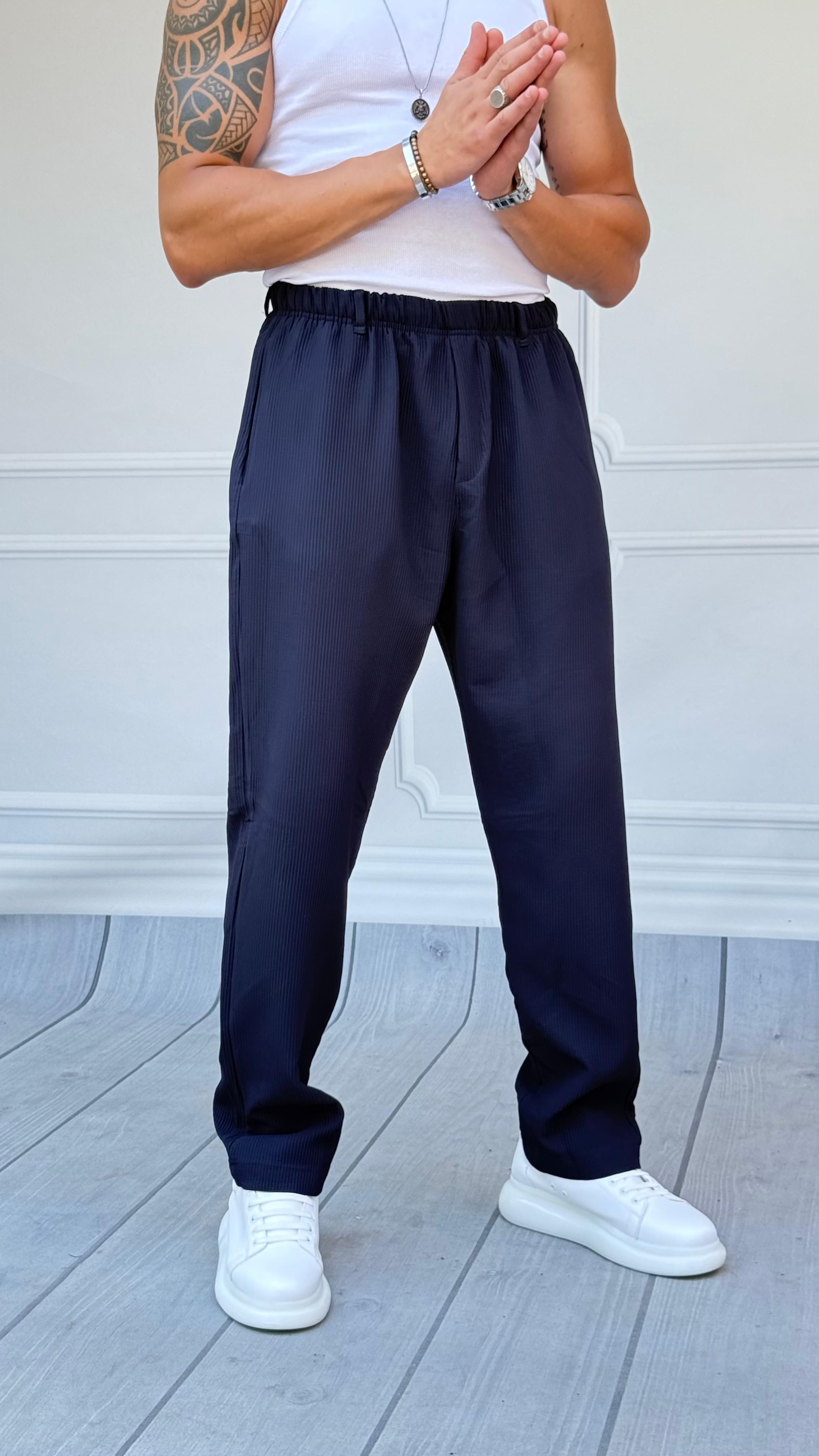 Bel Lastik Ve Köprü Fitil Desenli Baggy Kalıp Jogger Pantolon  - Lacivert