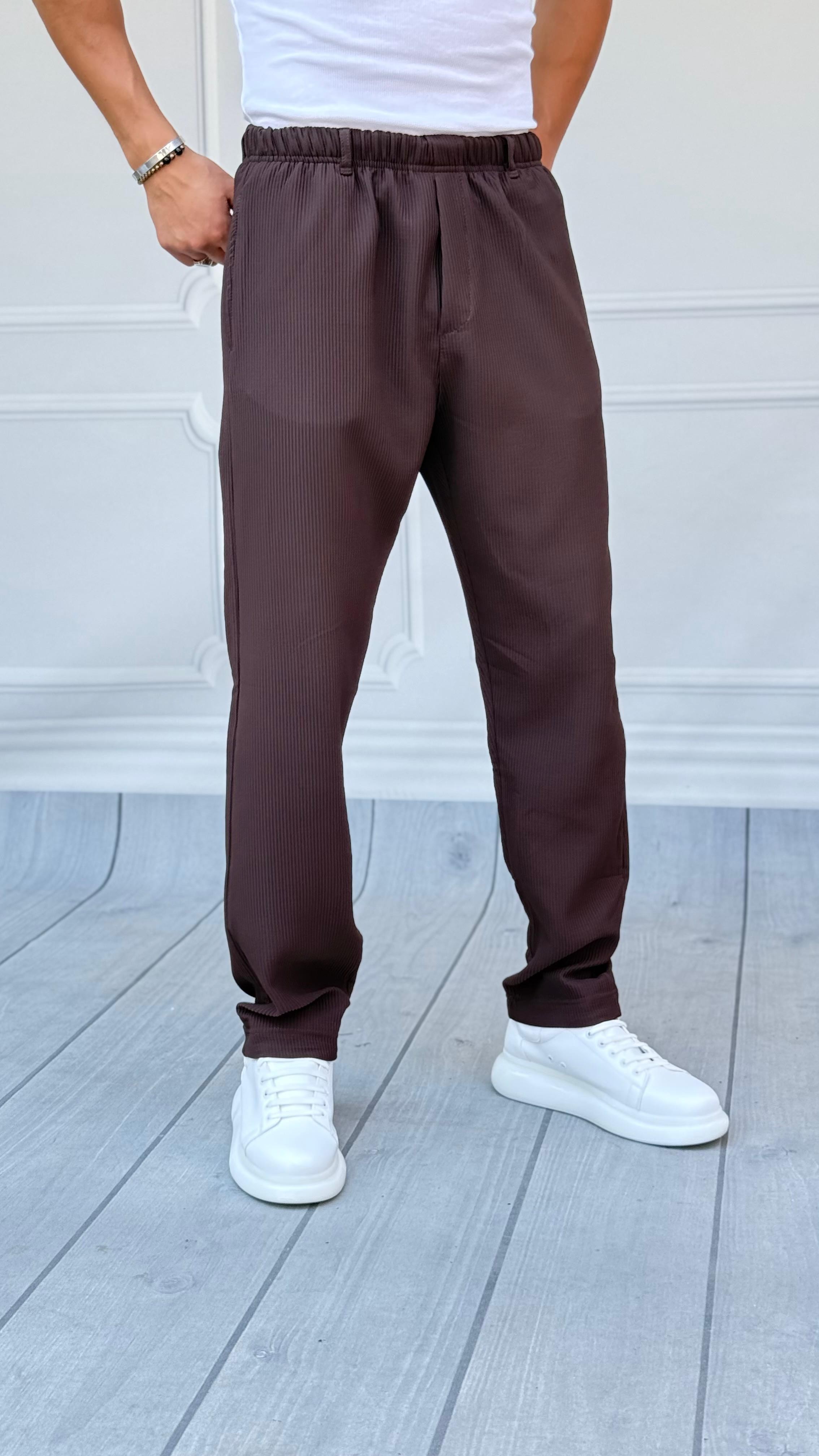 Bel Lastik Ve Köprü Fitil Desenli Baggy Kalıp Jogger Pantolon  - Kahverengi
