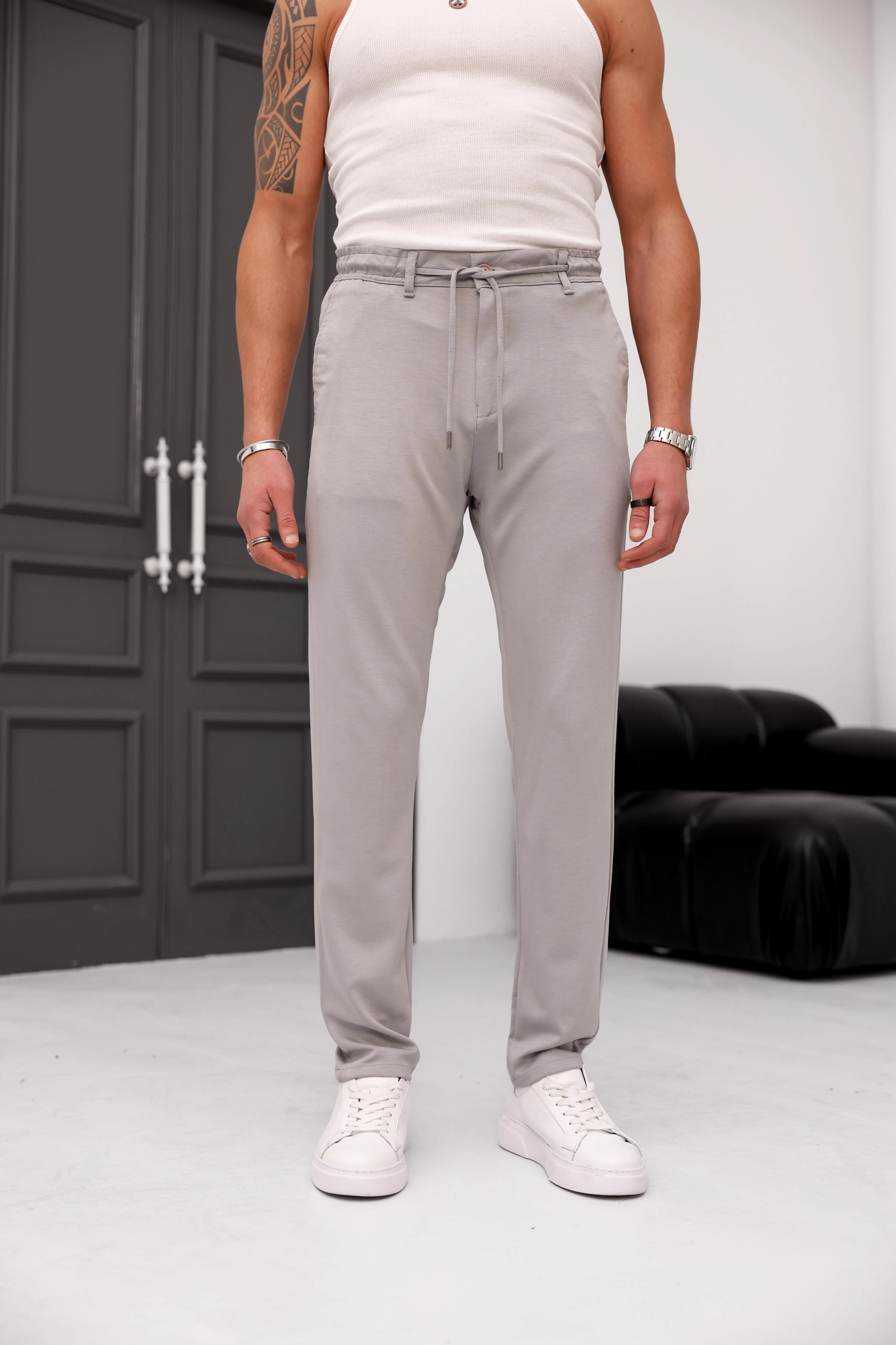 %100 Modal Kumaş Regular Kalıp Bel Lastikli  İp Detaylı Basic Jogger Pantolon - Açık Gri