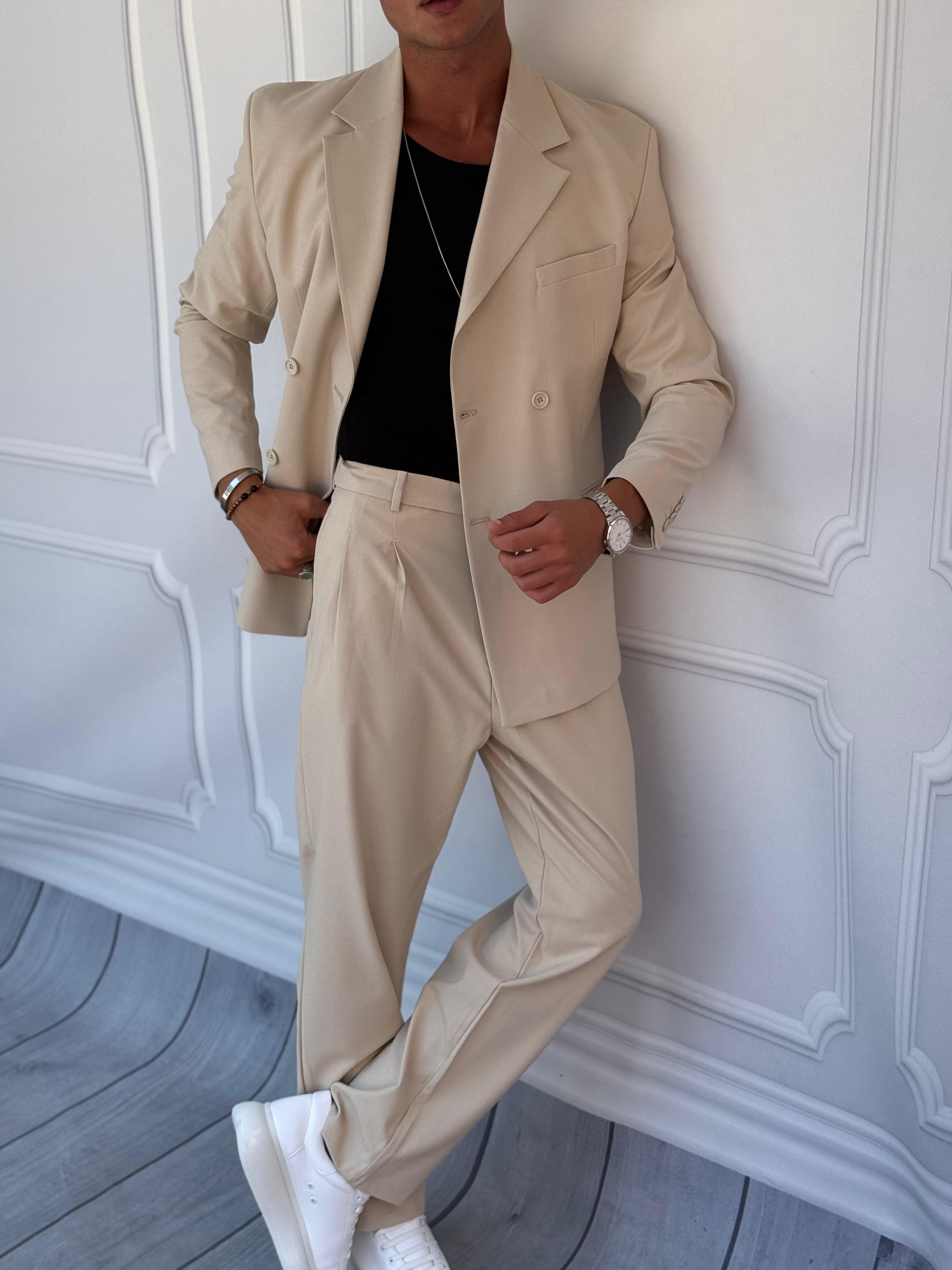 4 Düğme Detaylı Oversize Kesim Baggy Kruvaze Takım Elbise - Krem