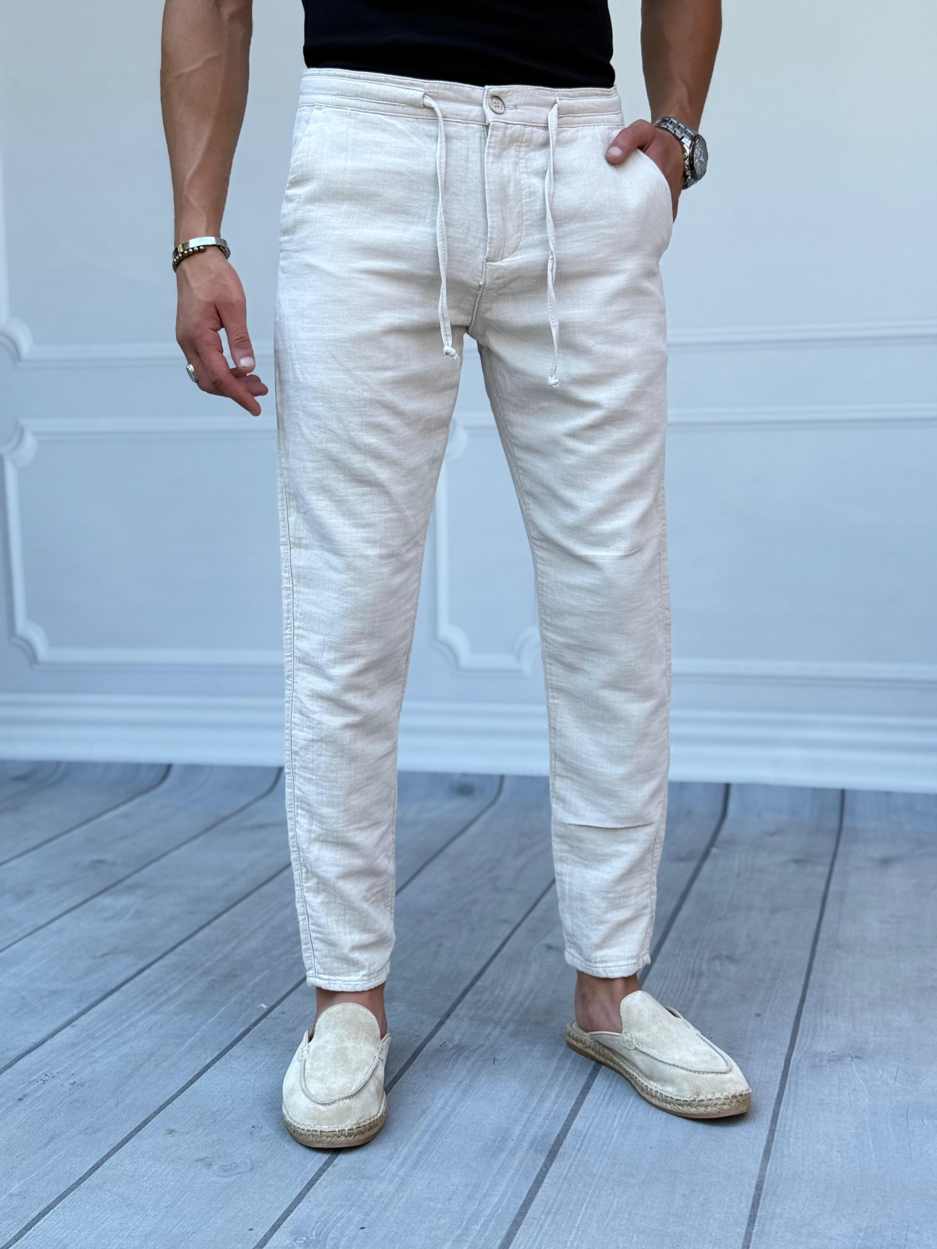 %100 Müslin Keten Regular Kalıp Keten Pantolon - Krem