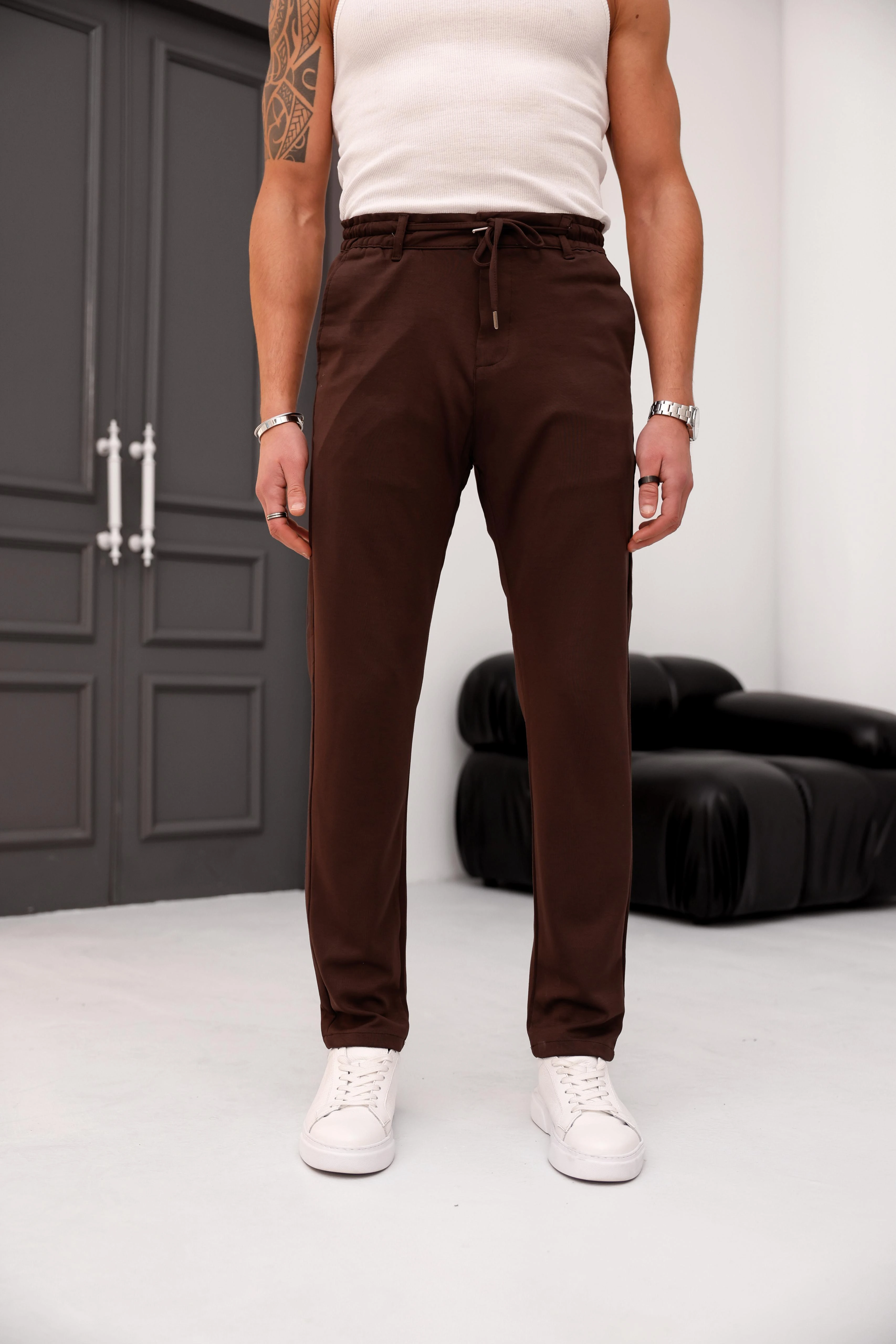 %100 Modal Kumaş Regular Kalıp Bel Lastikli  İp Detaylı Basic Jogger Pantolon - Kahverengi