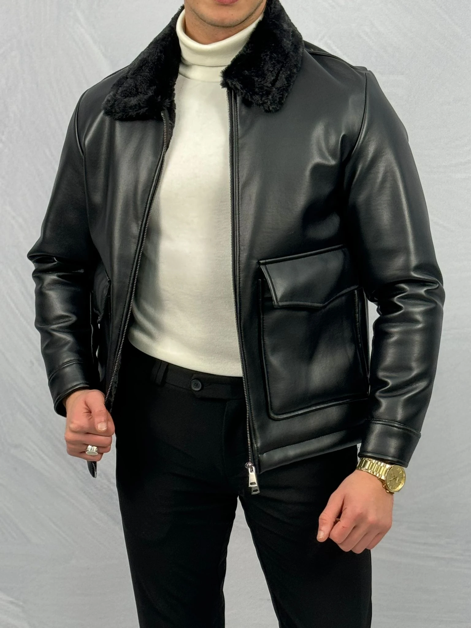 Torba Cep Detaylı Yaka Kürk Detaylı Premium Kalite Full Kürklü Deri Mont 